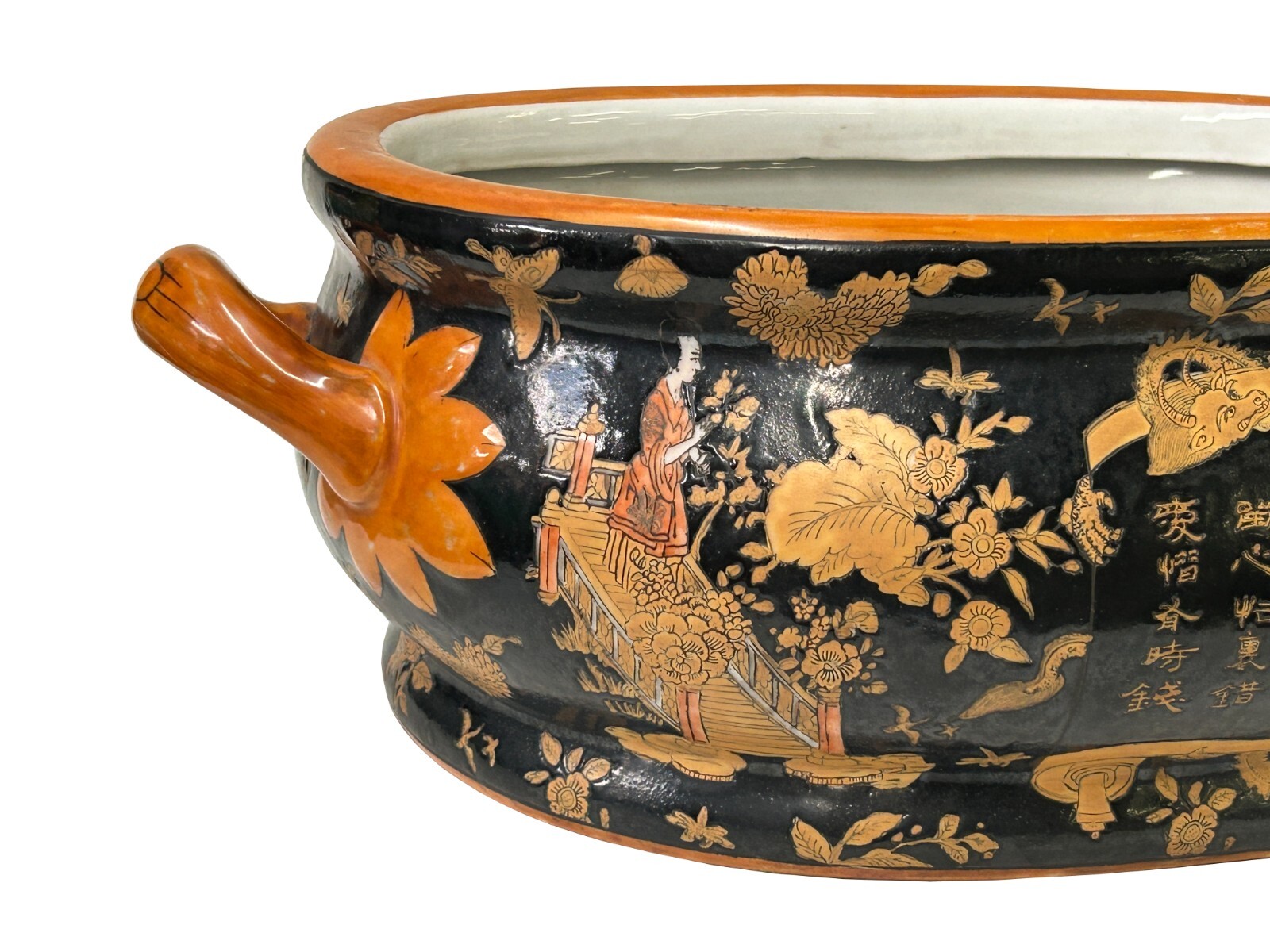 Vintage Chinese Black Copper Scenery Graphic Ceramic Oval Bowl Pot ws4282