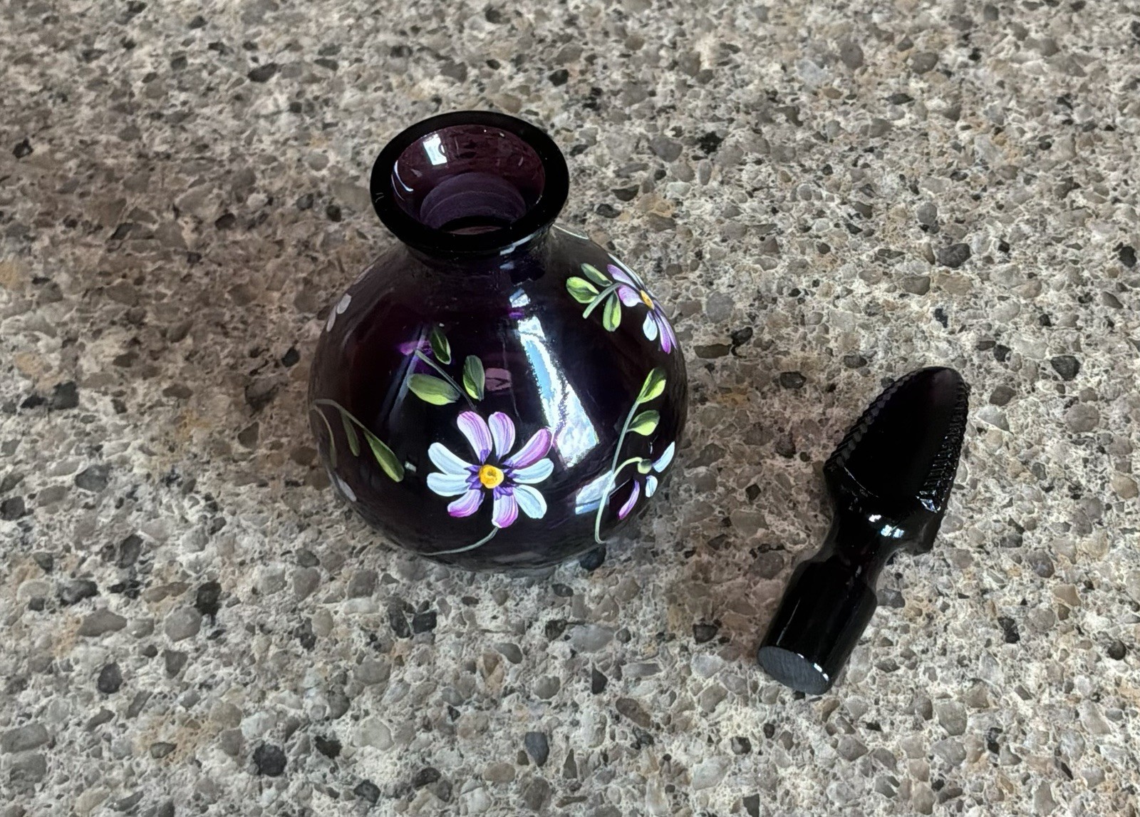 Fenton Vanity Set Amethyst Purple Flowers Powder Dish Perfume Bottle Tray READ
