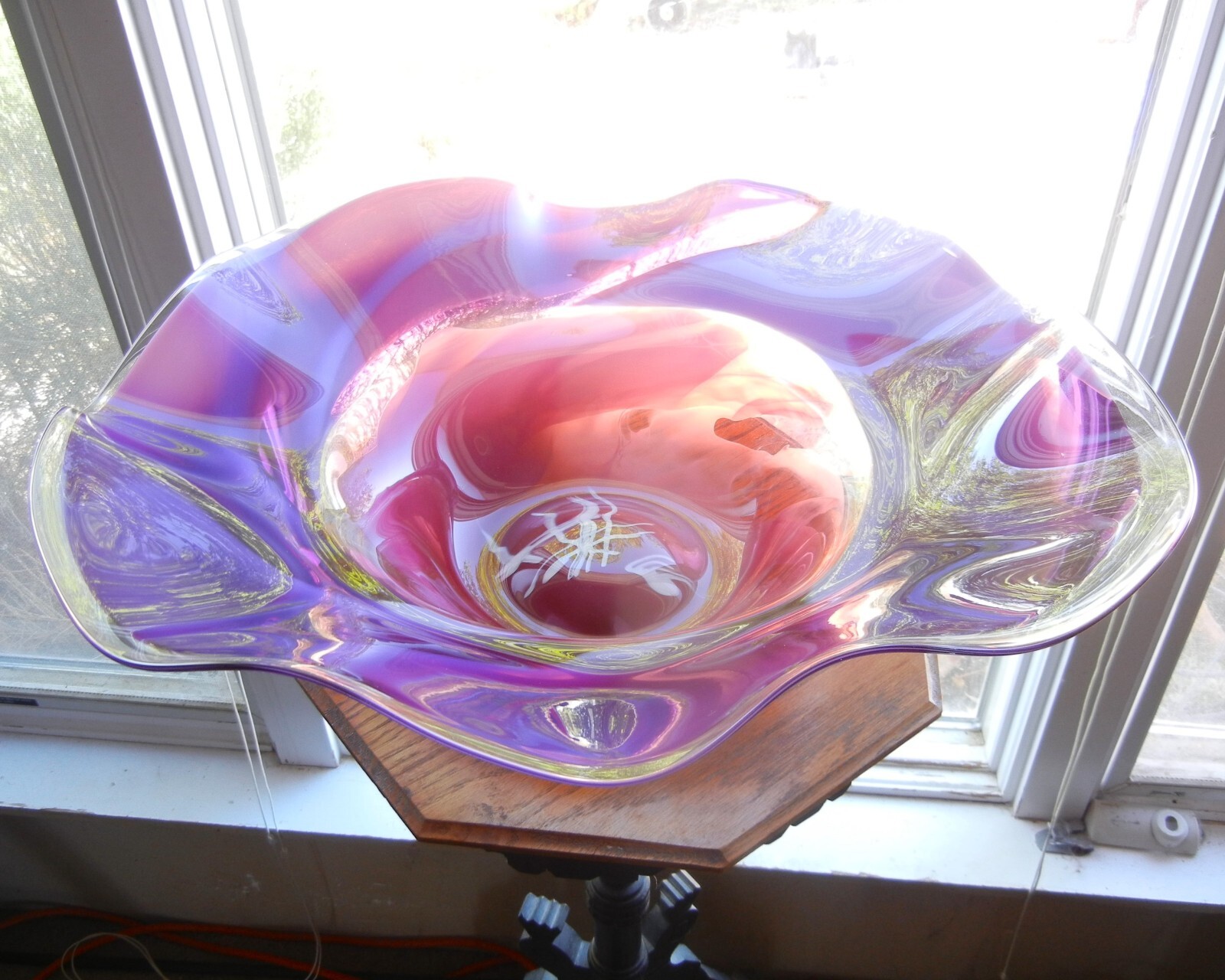 Signed Christopher Morrison 1997 Freeform Art Glass Hand-Blown Bowl 22x19x 6.5″
