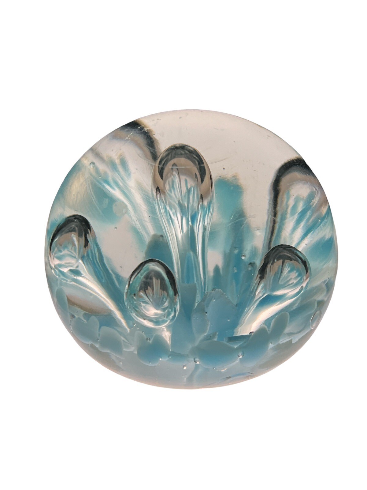 BLOWN GLASS CONTROLLED BUBBLE CLEAR AND BLUE PAPERWEIGHT 2.25” X 1.75”