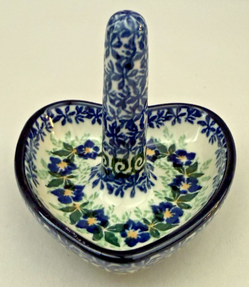 Polish Pottery Heart Shaped Floral Ring Ceramic Holder 3″ Flower Blue Green