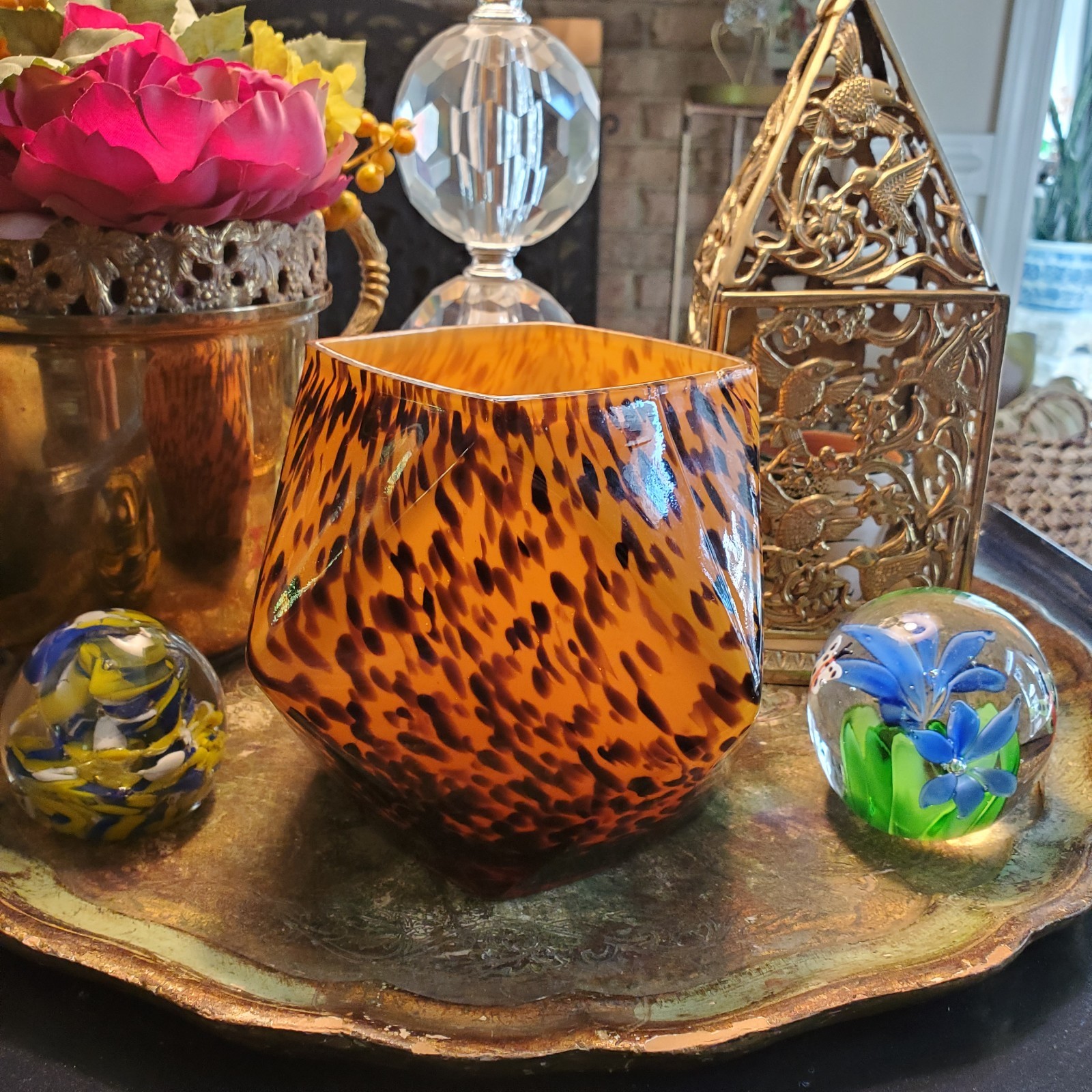 Vintage Leopard Speckled Polyhedral Glass Vase Mouthblown Handmade FLAW 5″x5″