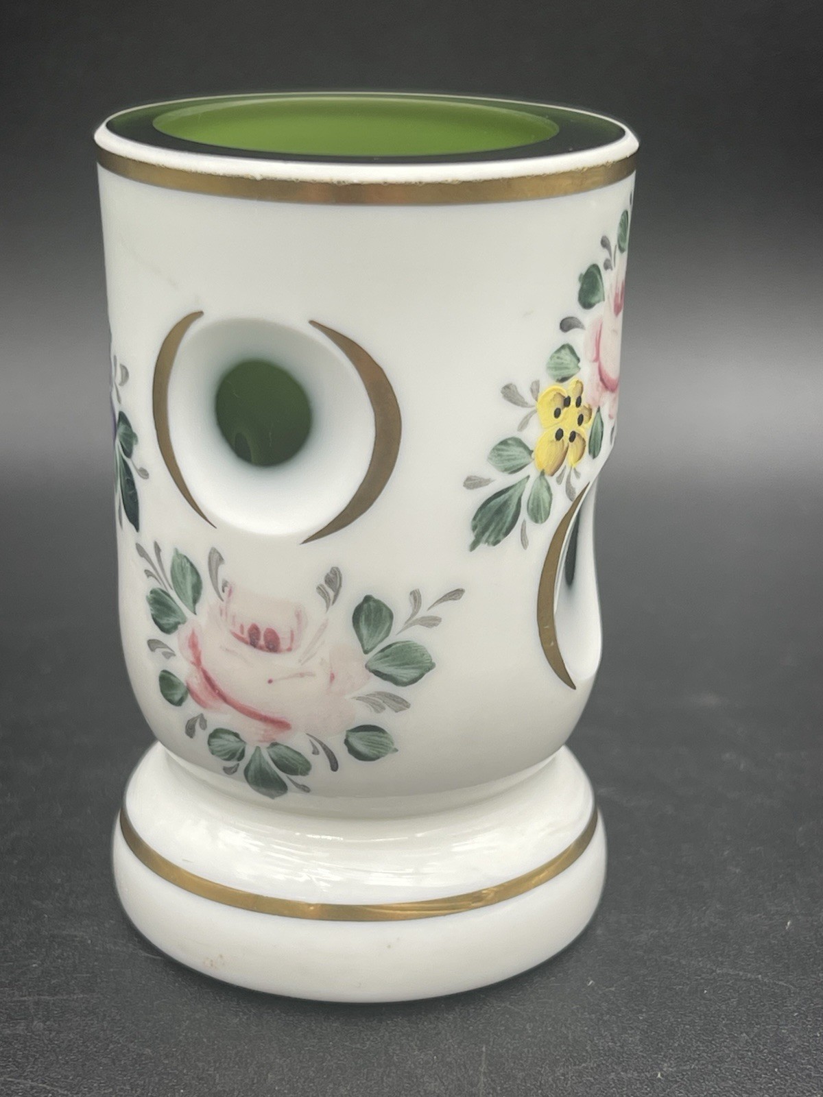 VTG Czech Bohemian Milk Glass Deep Green Cut Votive 3” Floral Gold Gilt