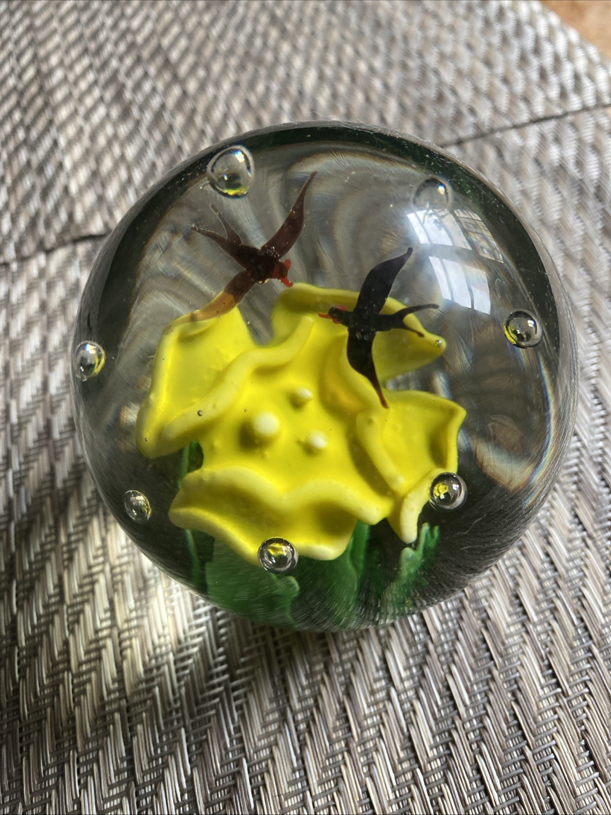 Vintage Art Glass Paperweight With Yellow Flower & Birds