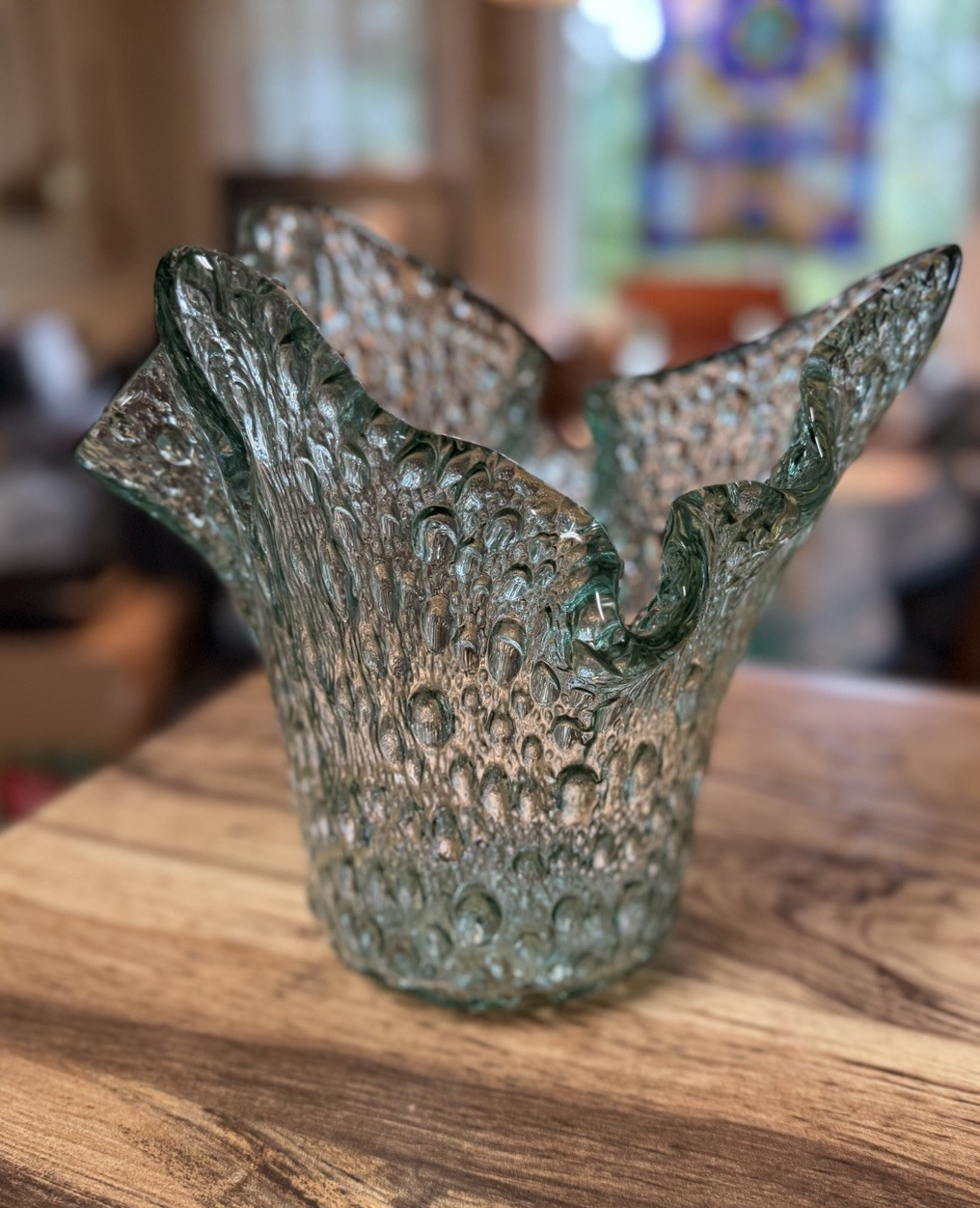 MCM Sea Green Art Glass Bubble Vase Handkerchief Ruffled 8” Murano Style Vintage