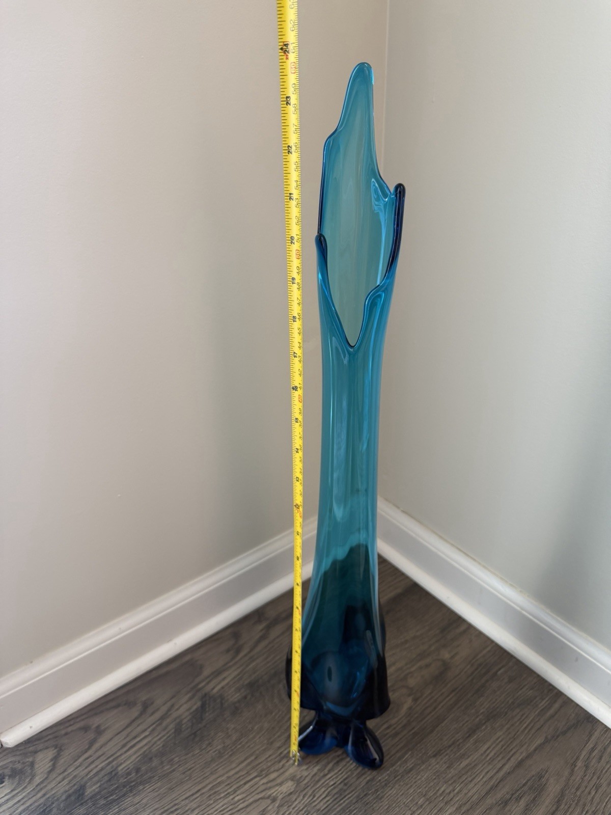 RARE Viking Epic Bluenique Swung Vase Tall 3-Toe Pedestal MCM Art Glass 24.75 In