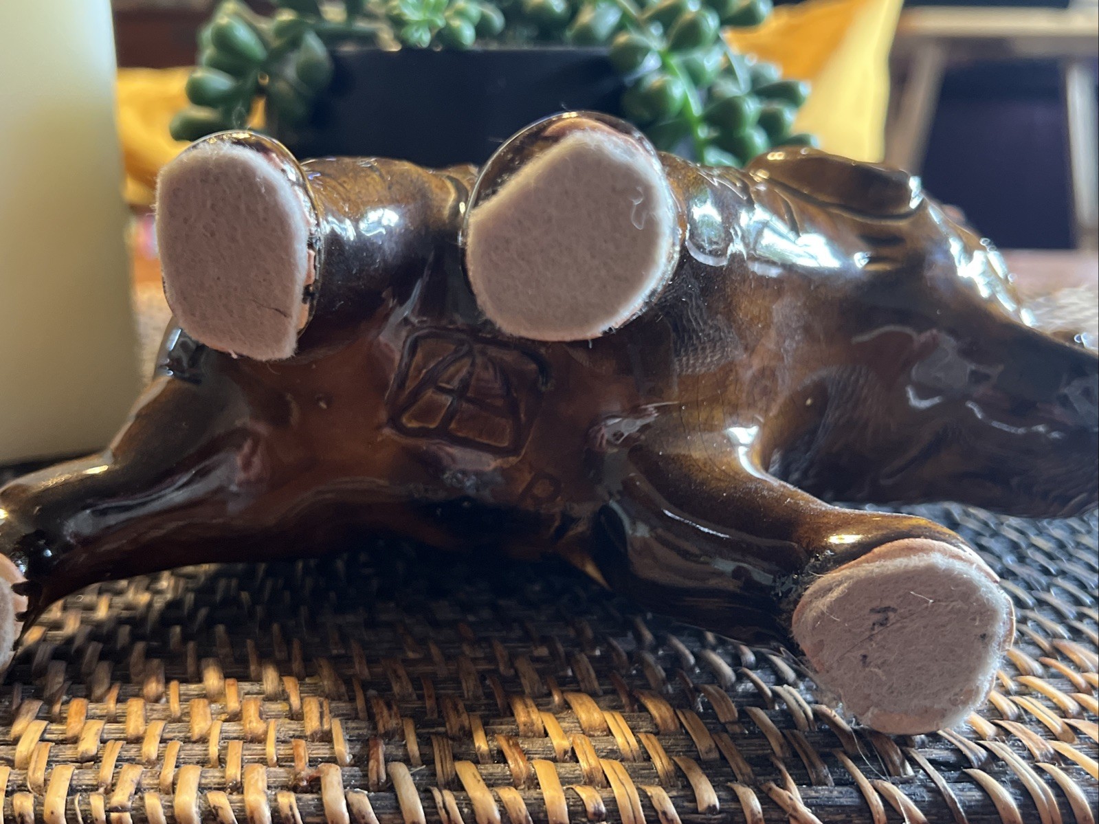 Vintage Van Briggle Elephant Trunk Up Golden Brown Gloss Glaze Figurine- Signed
