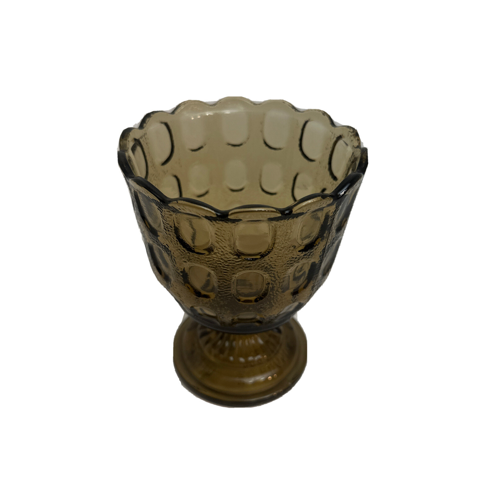 USA Scalloped Top E O Brody Co Smoky Brown Thumbprint Design Footed Compote Vase