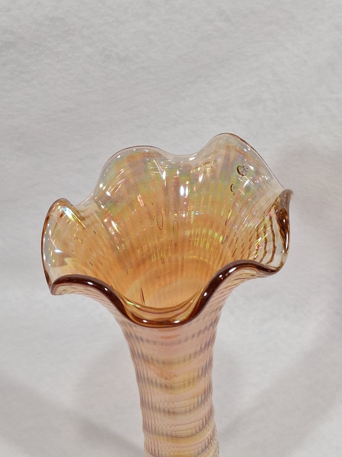Imperial carnival glass iridescent marigold swung fine ribbed vase vintage 12.5″