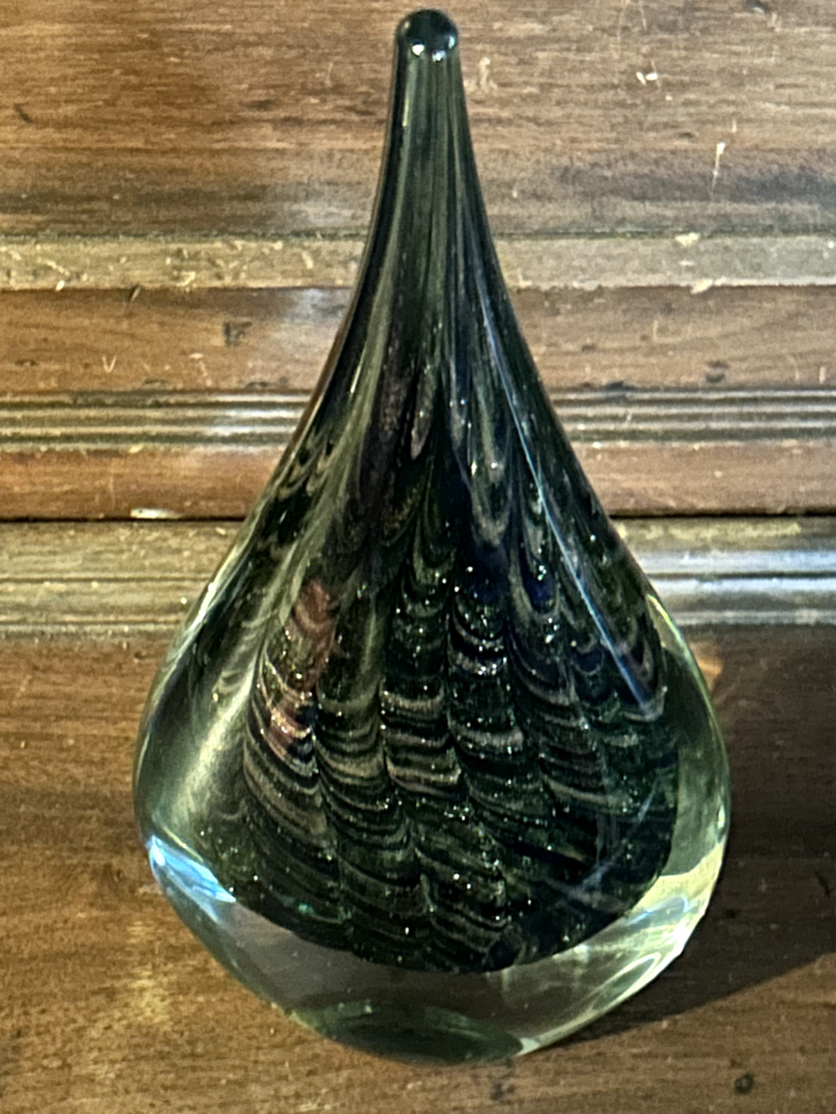 Murano Style Teardrop Peacock Feather Art Glass Paperweight Sculpture 10 1/4″