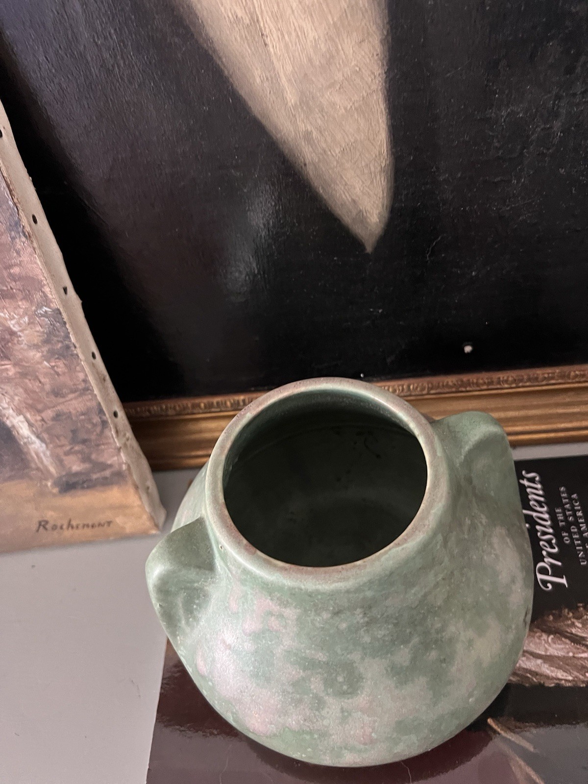 Vintage Brush McCoy Pottery Green Matte New Art Vellum Fawn Vase 1930’s 5″