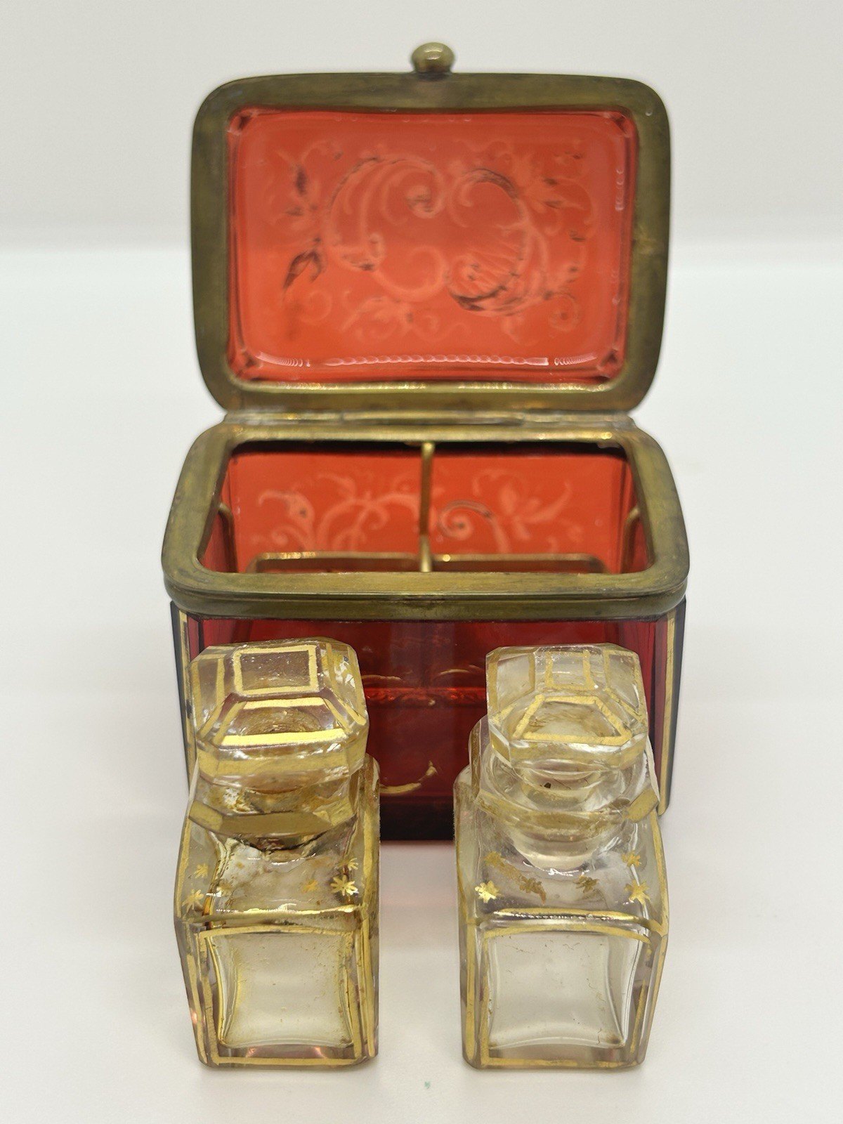 Antique 19th Century Glass Cranberry/Ruby Perfume Casket Box W/2 Glass Bottles