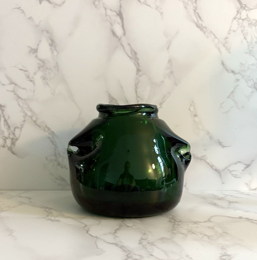 Vintage Hand Blown Forest Green Heavy Glass Vase Mid Century Pinched Handles