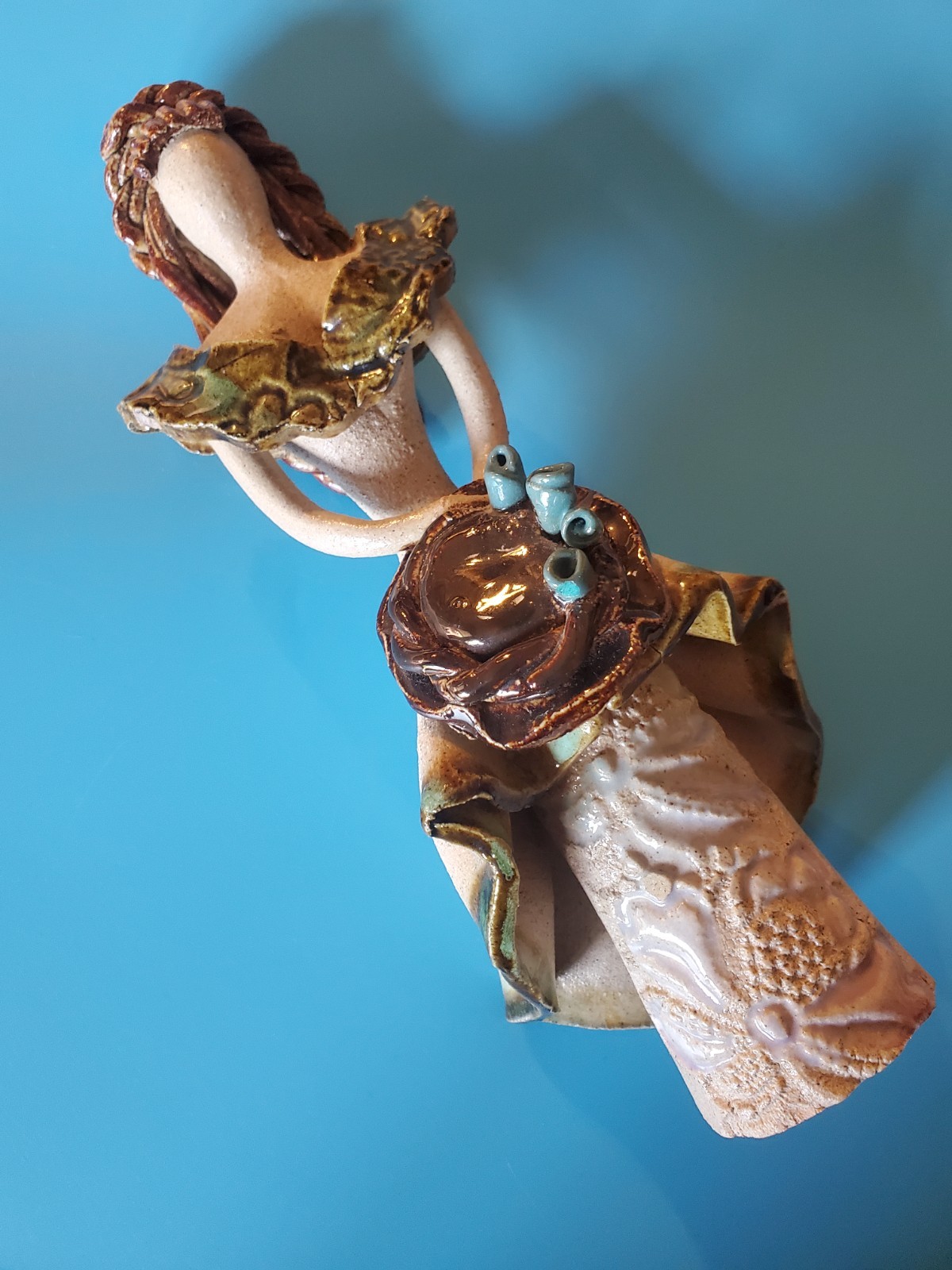 Spaghetti Hair Clay Art Pottery 9.5 Inches Tall Sculpture Woman Holding Hat