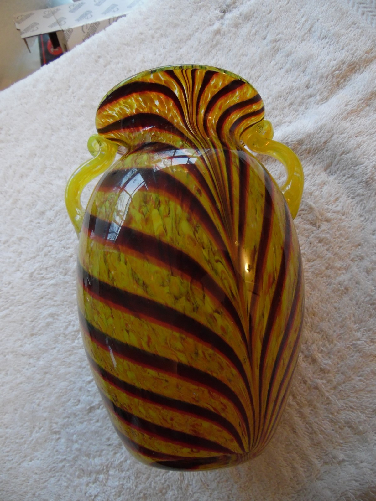 Vtg Art Glass Murano, Tiger Stripe, Urn, Swirl, Feather, Vase 7 1/4″ Inches Tall