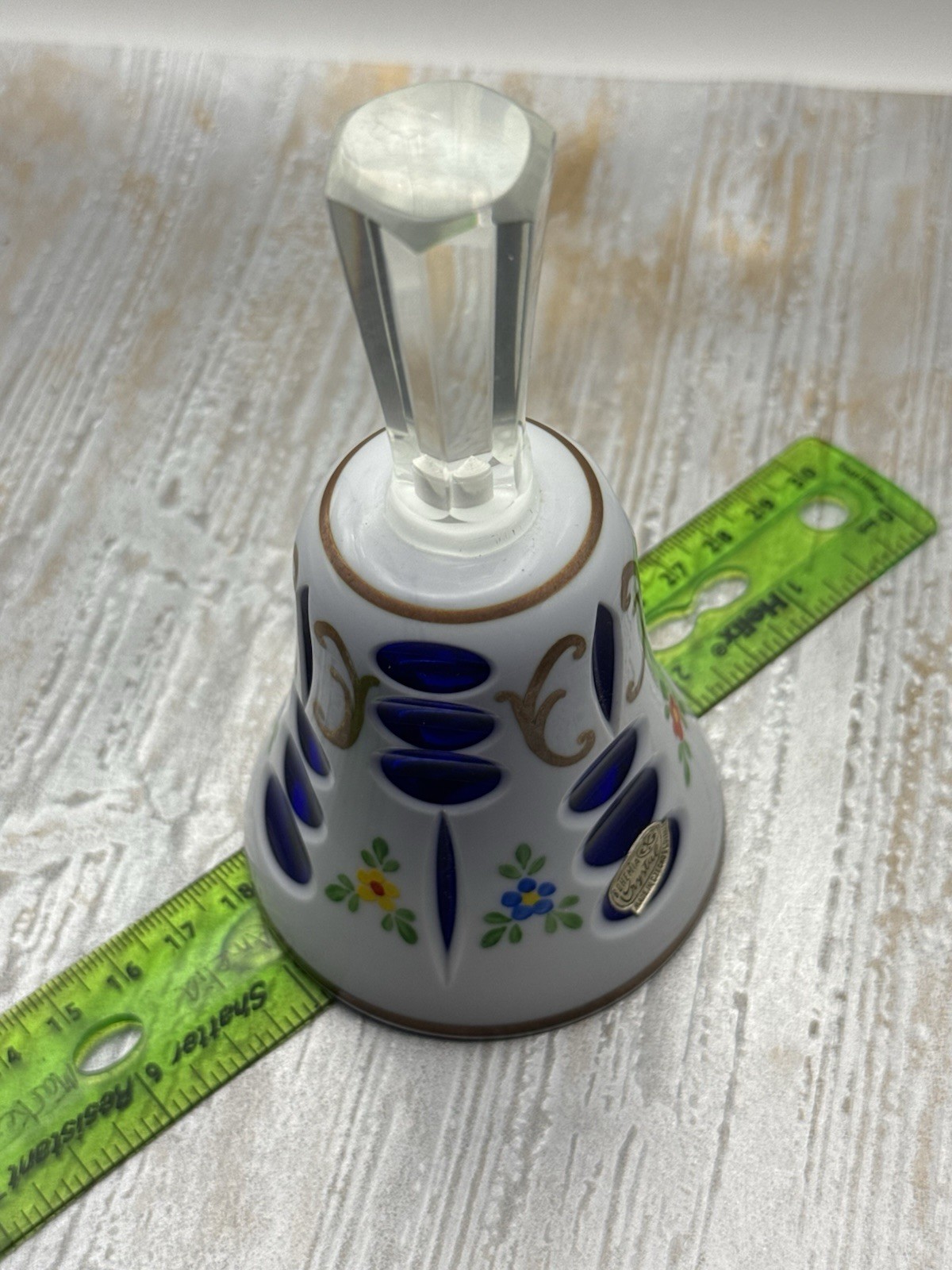 VTG Bohemian Hand-painted, Cut Glass Bell Made In Czechoslovakia, Blue