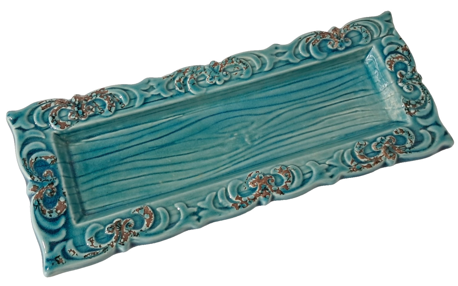 Decorative Turquoise Blue Brown Accent Ceramic Candle Holder Tray 13″ x 5″