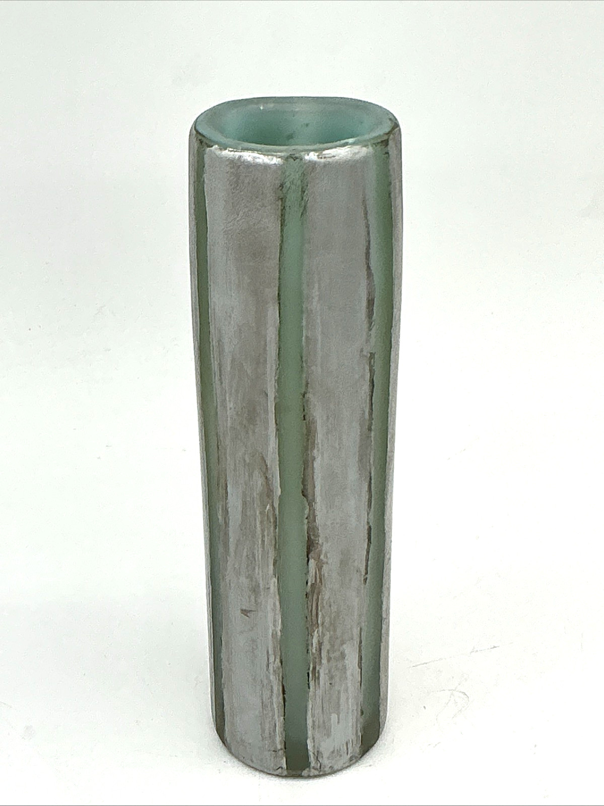 Illegibly Signed Art Glass Vase Chunky Green Glass W/ Silver Leaf 9 1/4″