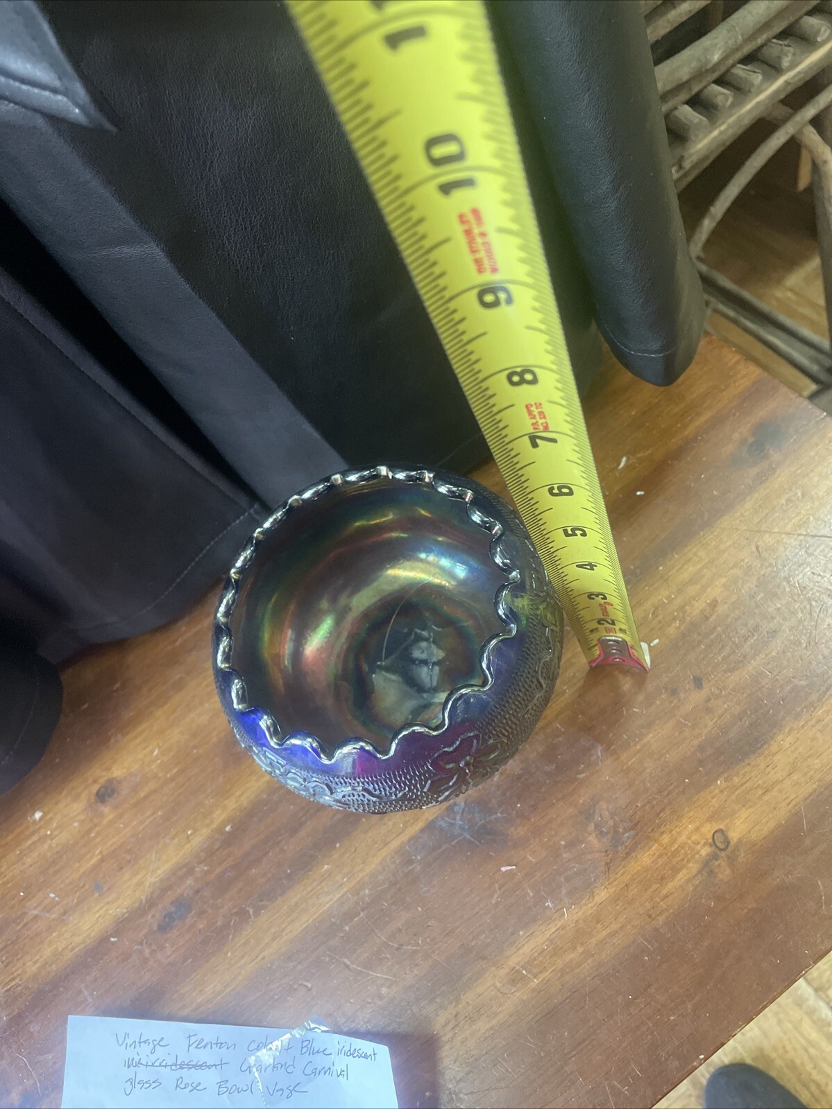 Vintage Fenton Colbalt Blue Iridescent Garland Rose Bowl Vase