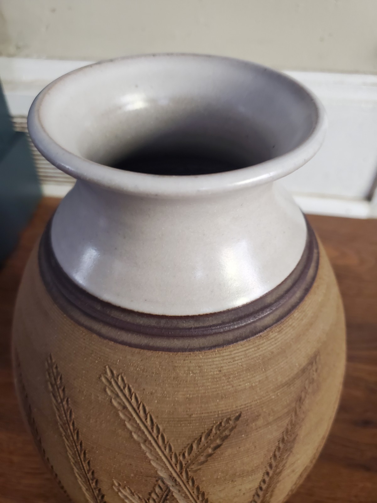 Meredith Cooke Art Pottery Signed with Incised Fern Leaves Cottagecore Vase 11″