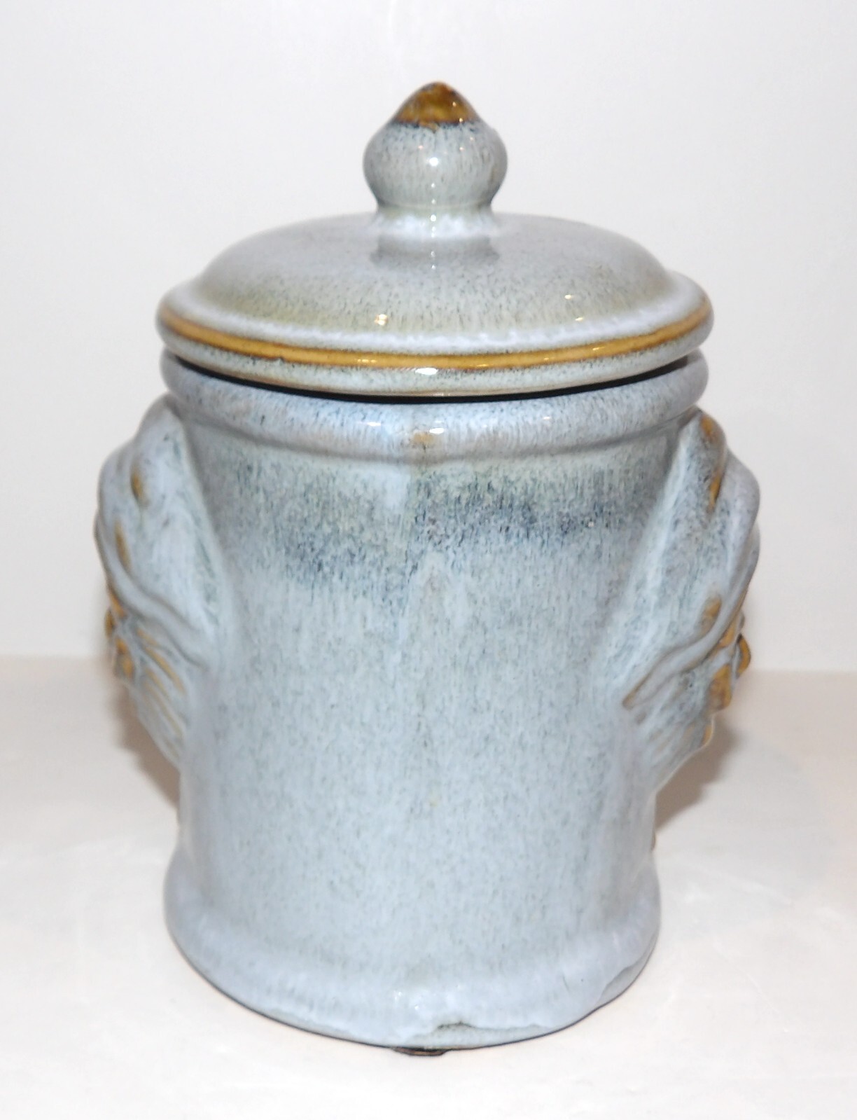 LOVELY VINTAGE RARE BOMBAY COMPANY GLAZED POTTERY TWO FACED 6 1/4″ CANISTER JAR