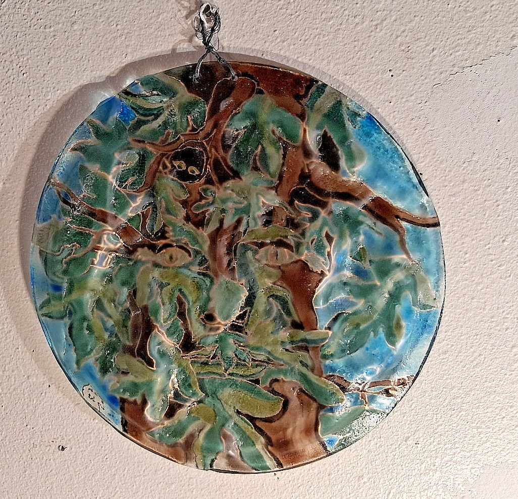 Haunting EYES 10″ SUN CATCHER Fine Art-Glass Disk Jungle Camoflage leaves