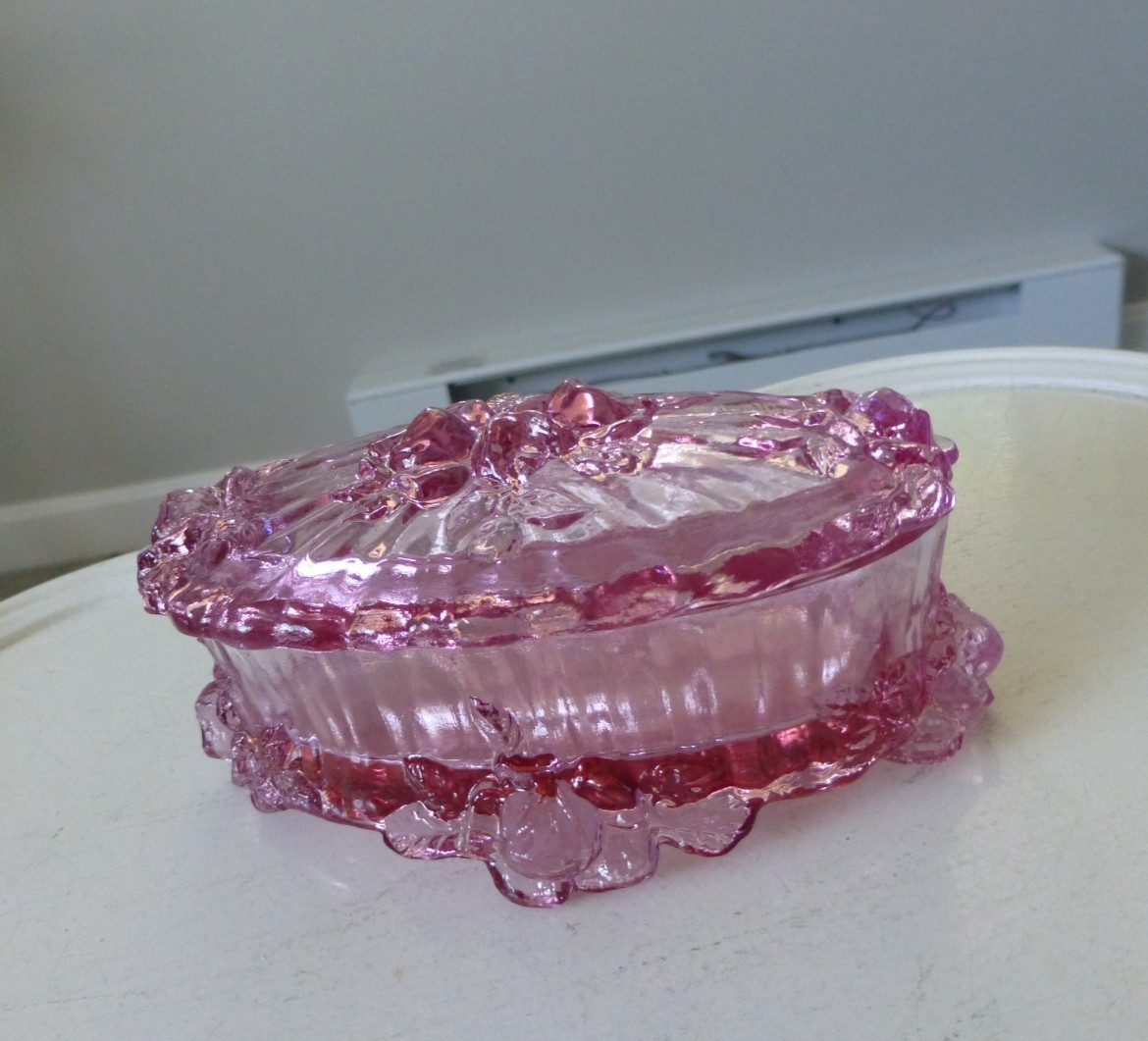 Vintage Fenton Cabbage Rose/Pink/Mauve Glass Covered Footed Trinket Box