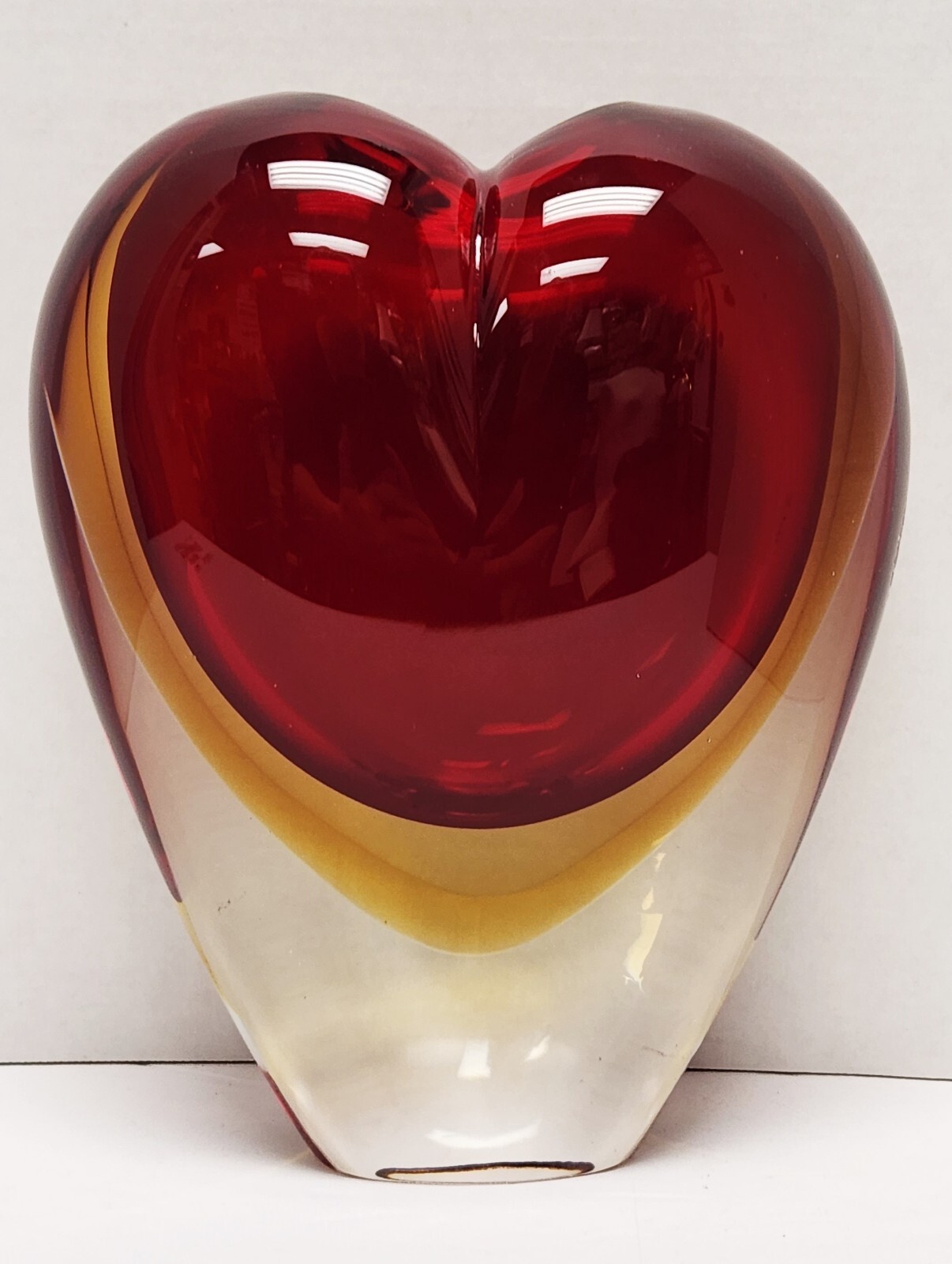2008 Signed Formella Sommerso Red & Yellow Murano Glass Heart Vase 8″ / 7.5lbs