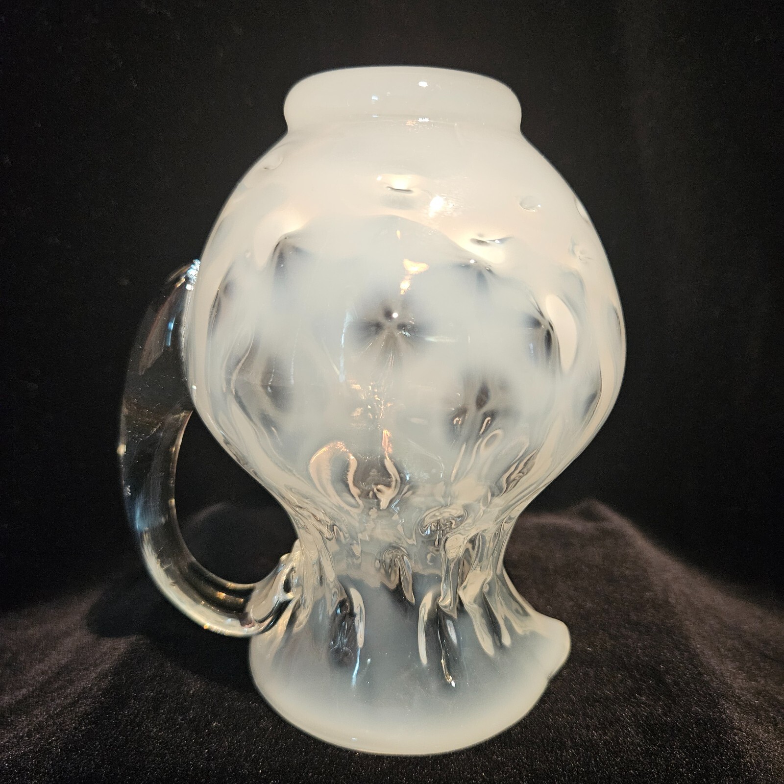 FENTON White Opalescent Coin Dot Pitcher Creamer Hand Blown Pinched Neck 4.5″