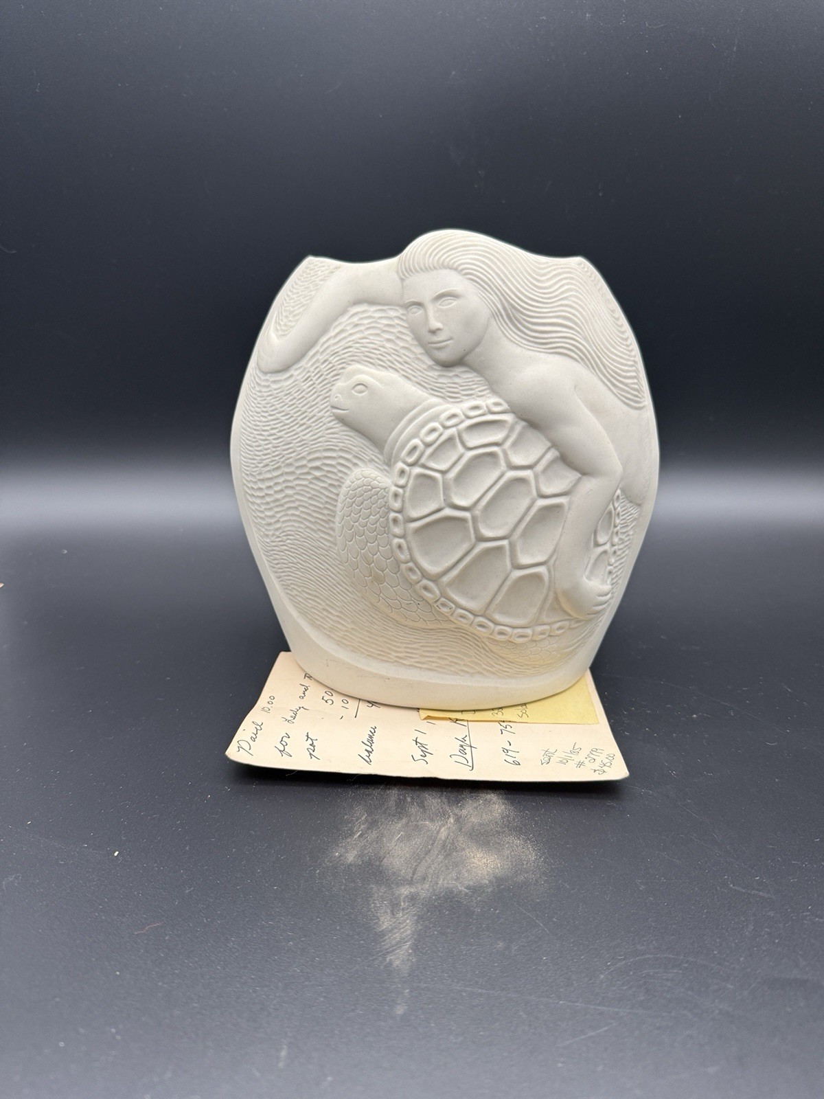 Vintage 1983 Dayle Rushall Studio Pottery Vase Mermaid Turtle Signed Receipt 8″