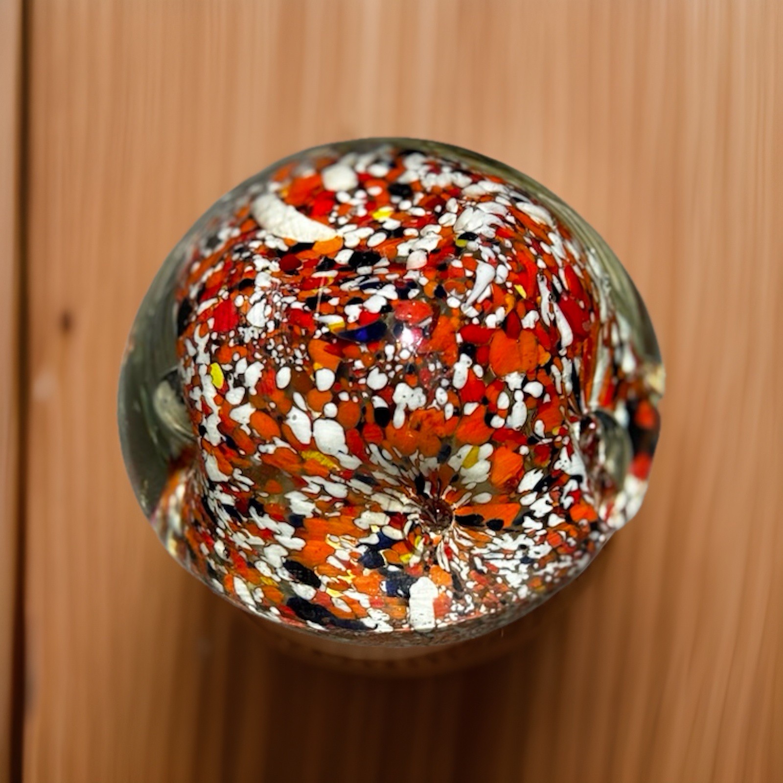 Art Glass Paperweight Clear with Orange White and Yellow