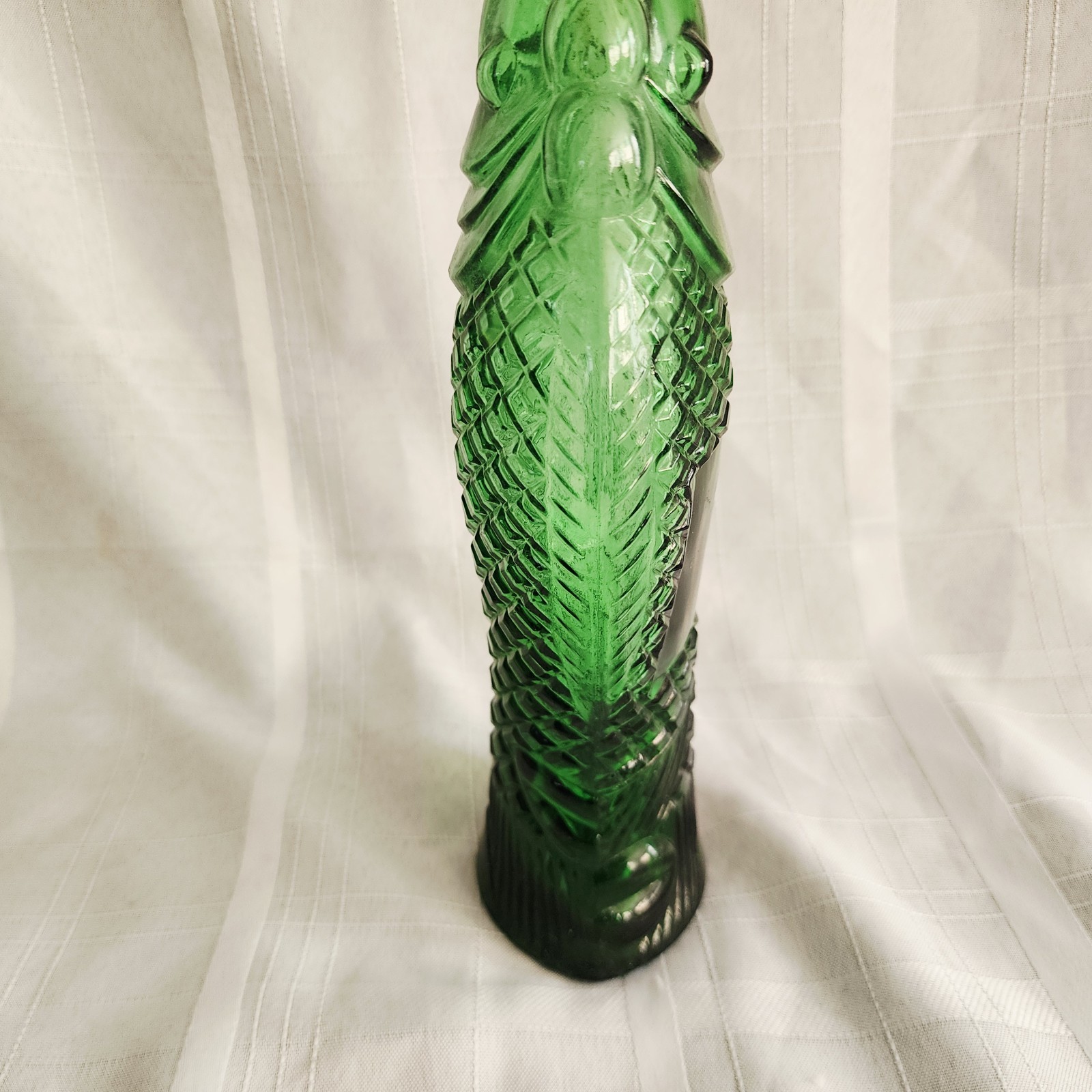 Vintage Green Glass Fish Shaped Wine Bottle Decanter Scales 13″ T F Mark