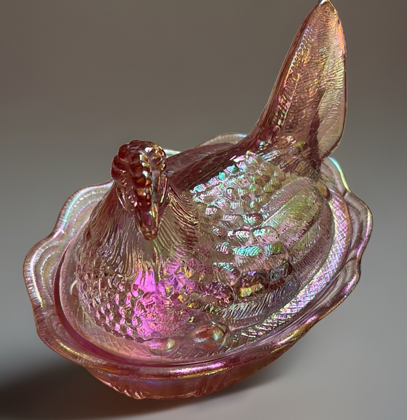 Vintage 1970 Fenton Pink Carnival Glass Hen on Nest 5.5 Covered Dish Iridescent