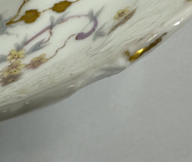 Antique Limoges Hand Painted Floral & Gold Gilt Handled Basket Dish See Descrip.