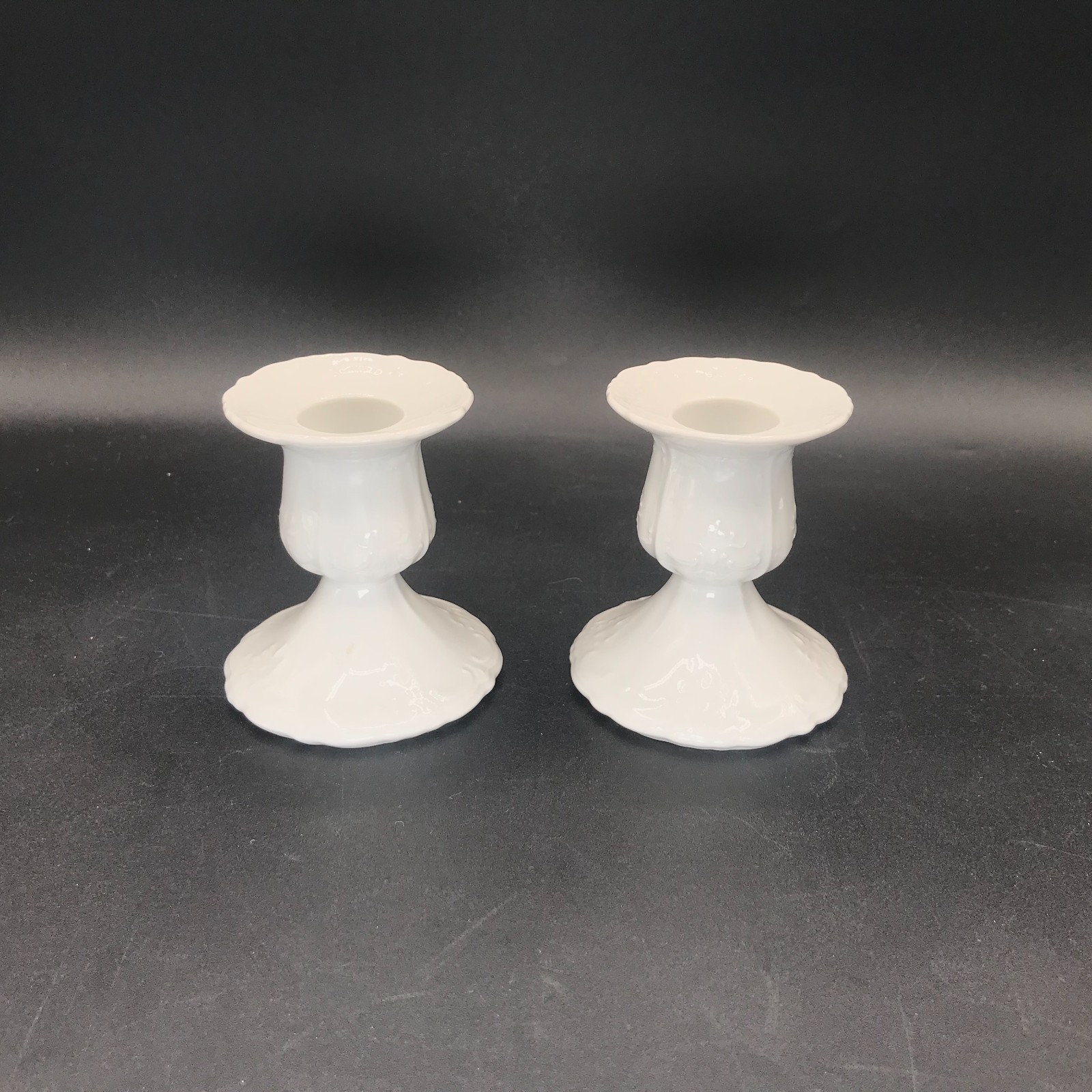 2 Vintage Tirschenreuth Baronesse White Porcelain Candlestick Candle Holders EUC