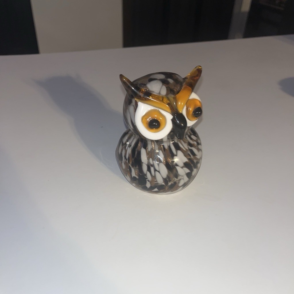 Vintage Art Glass Owl Figurine, Spotted Black White Brown Animal Decor