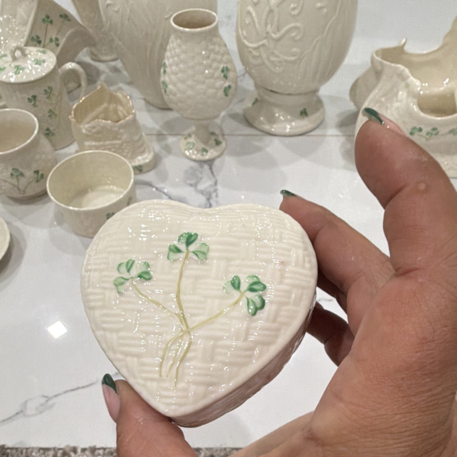 Belleek Ireland Shamrock Ceramic Vase White Green Glossy Finish Irish 1973 26 pi