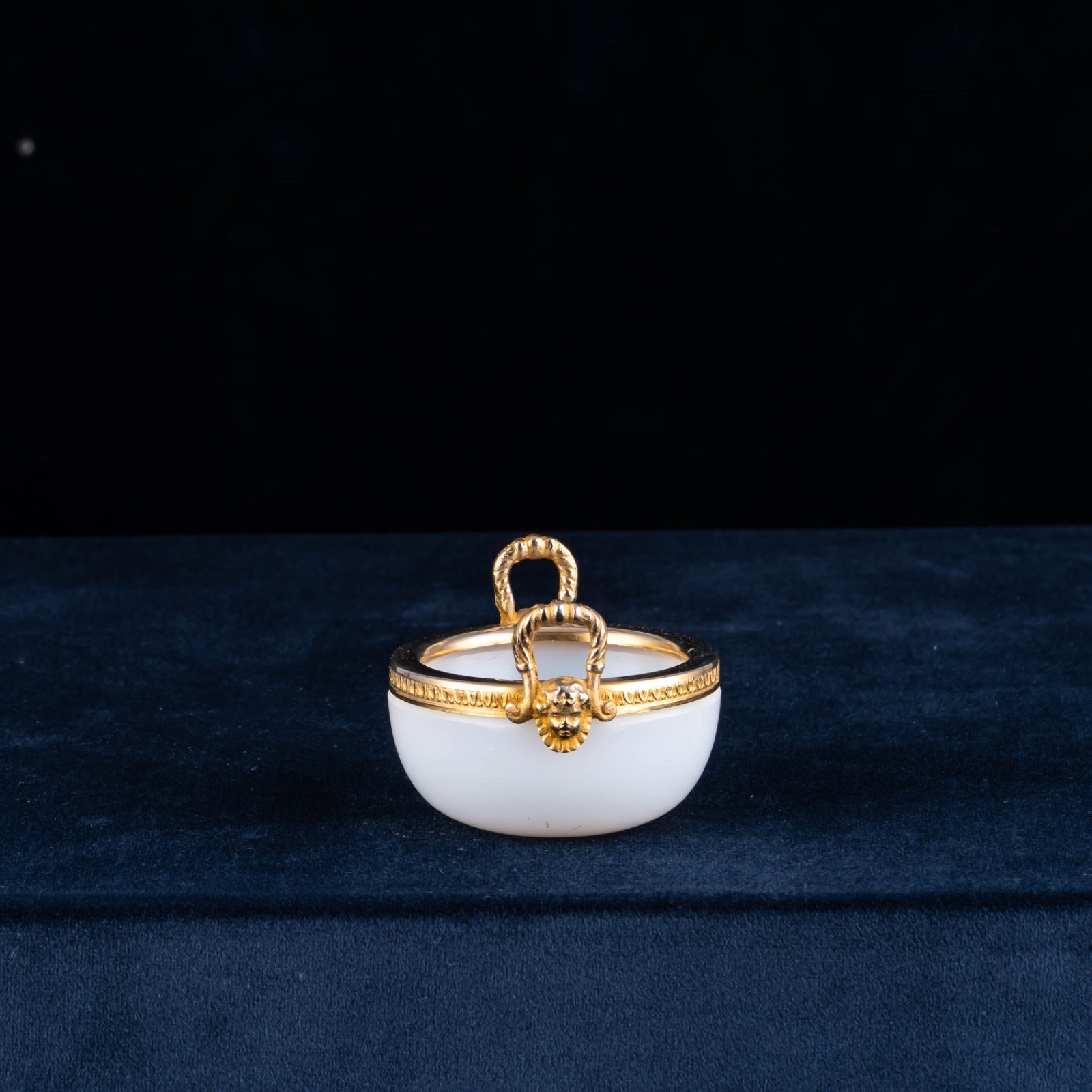 Vintage French White Opaline Glass Crystal Bowl Gilt Bronze Ram Head Handles