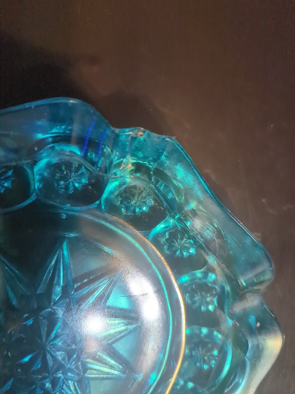 Vintage Ashtray Blue Glass Moon & Stars L.G.WRIGHT Large Round 8″