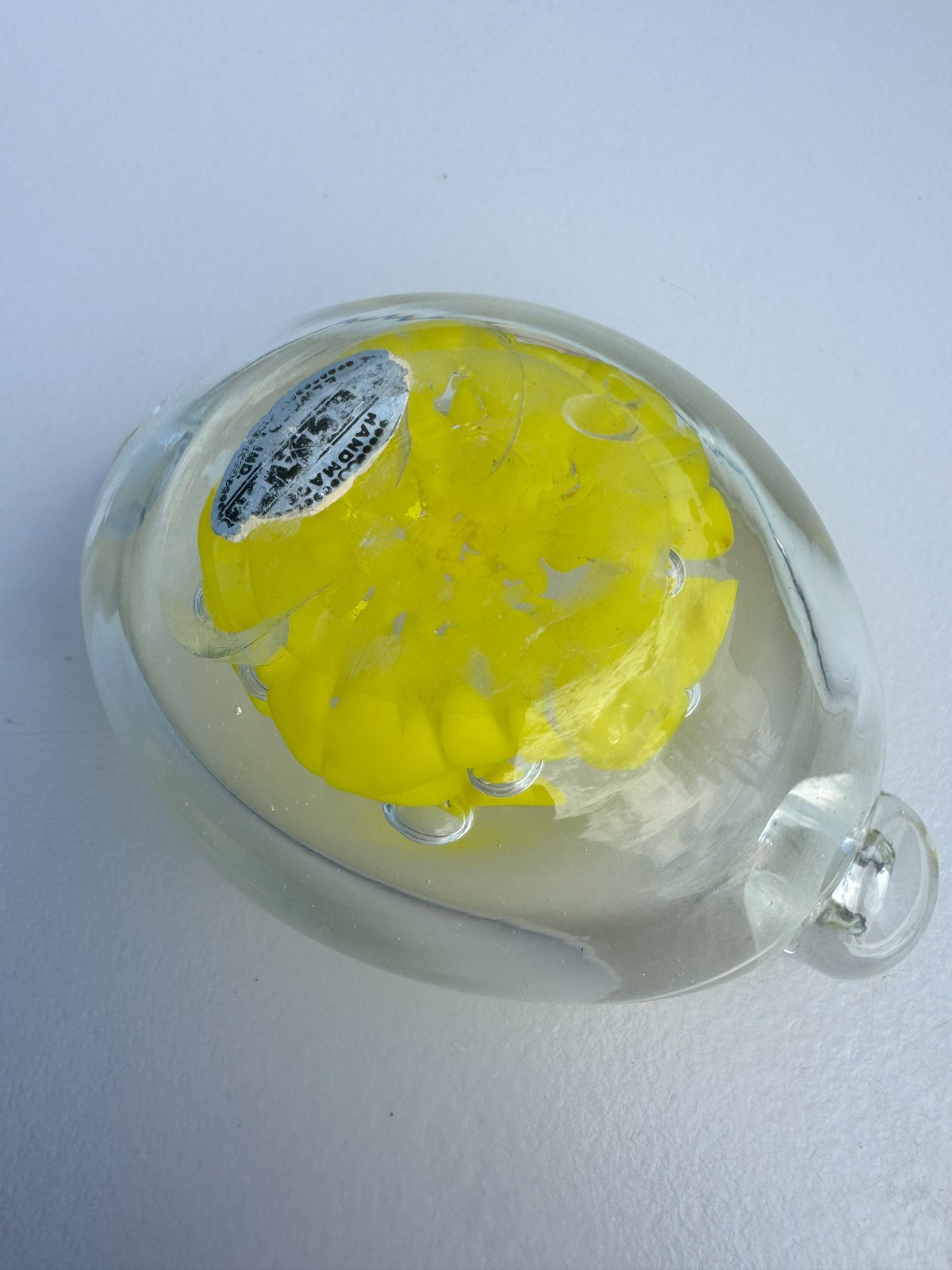 Joe St Clair Art Glass Ashtray Paperweight Pair Blue Yellow Floral Bubble Label