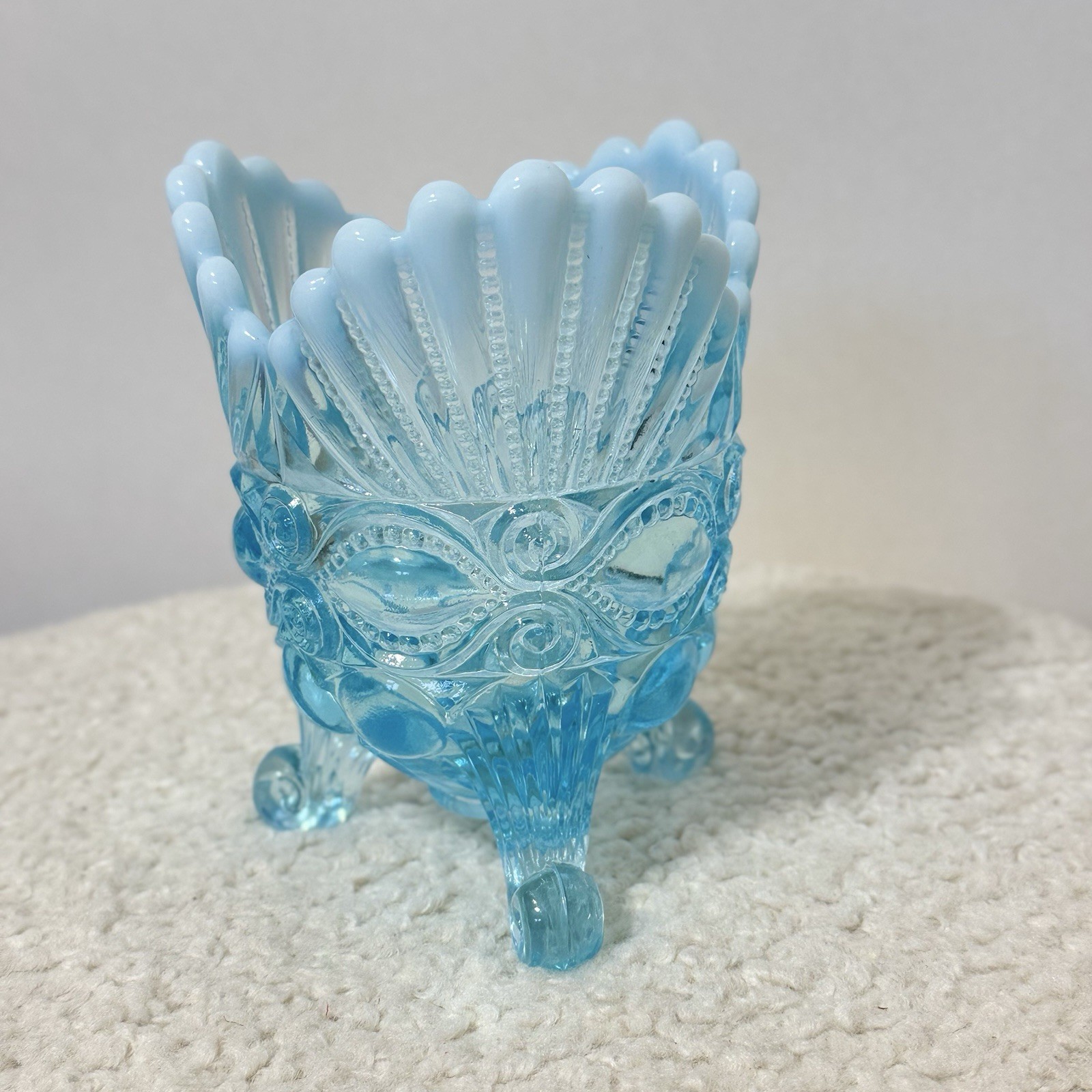 Mosser Glass Aqua Blue Opalescent Footed Eye Winker Spooner Vase Candy Dish