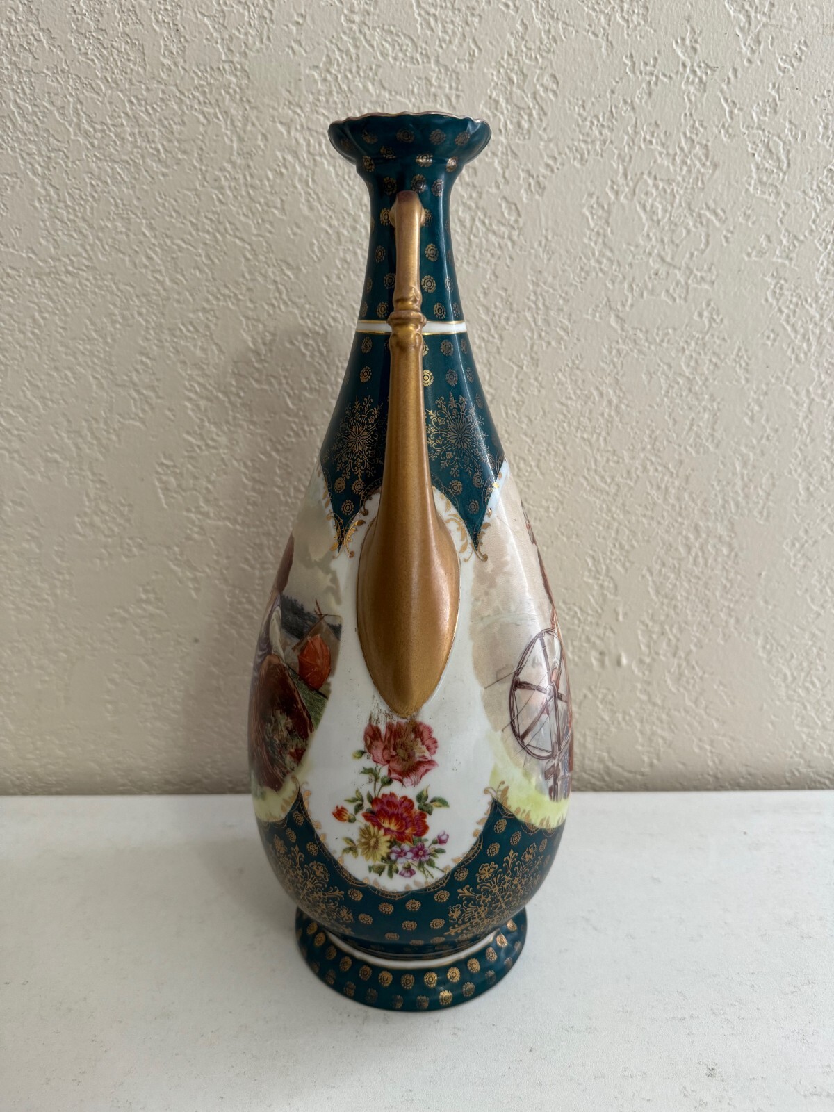 Antique Victoria Porcelain Schmidt & Co Austria Vase w/ Couple Decoration
