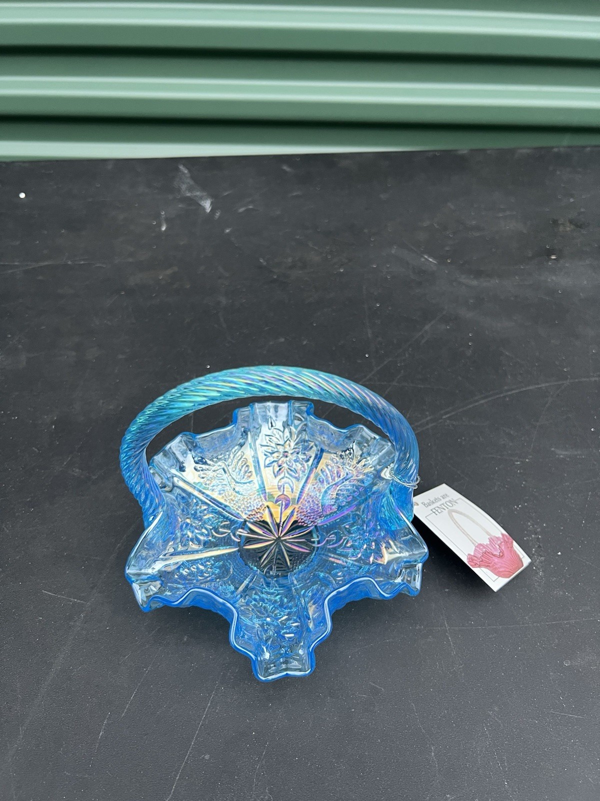 Fenton Opalescent Celeste Blue Carnival Peacock Dahlia Basket Rose Exterior