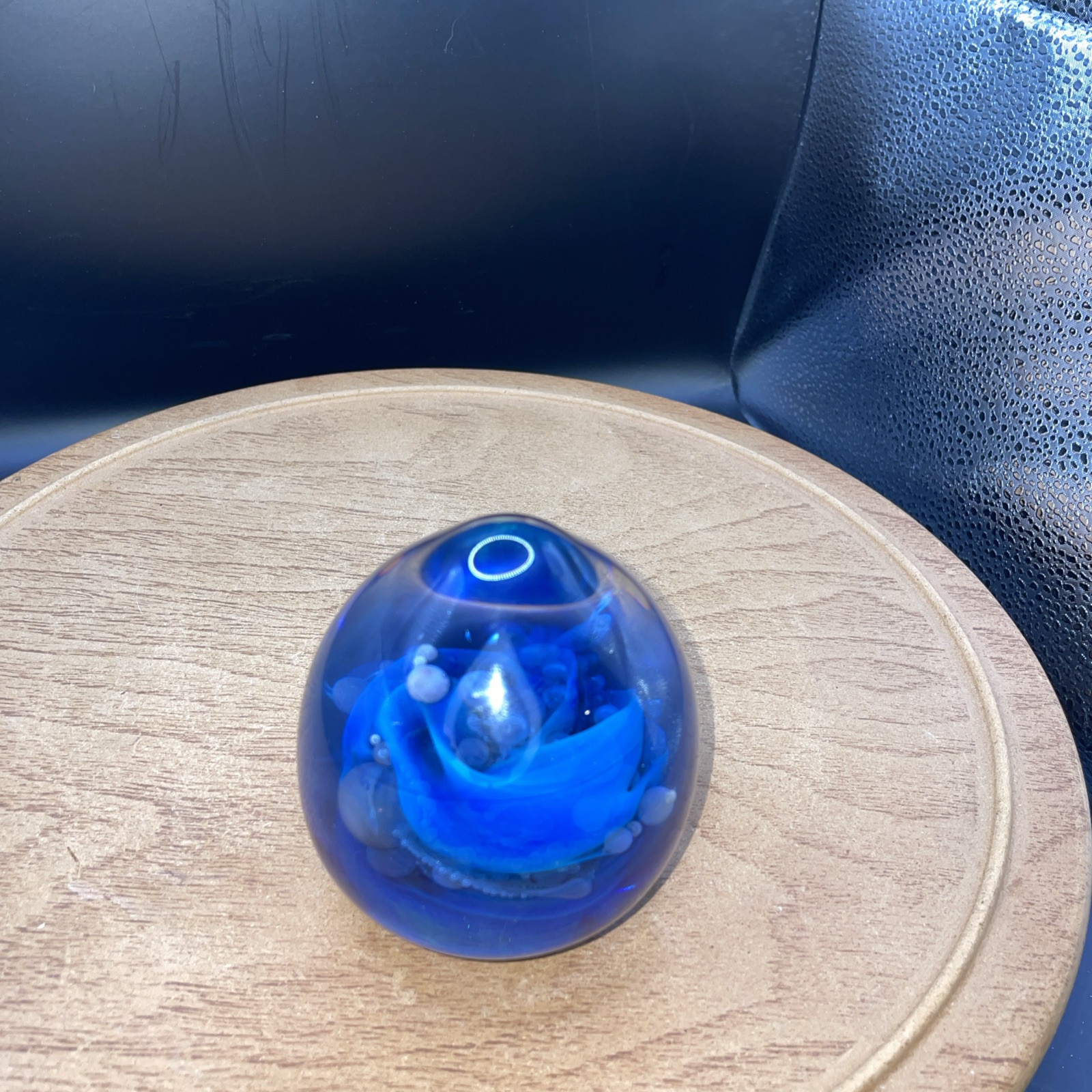 Handblown Seegers and Fein Signed Clear and Blue Glass Cosmic Paperweight 1994