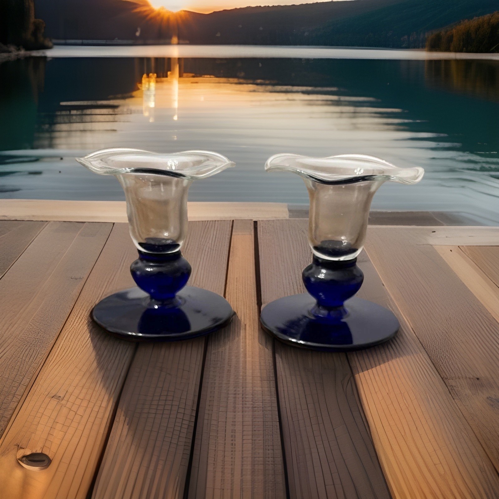 Vtg 2 Piece Set Princess House Crystal Sapphire Cobalt Blue Candlestick Holders