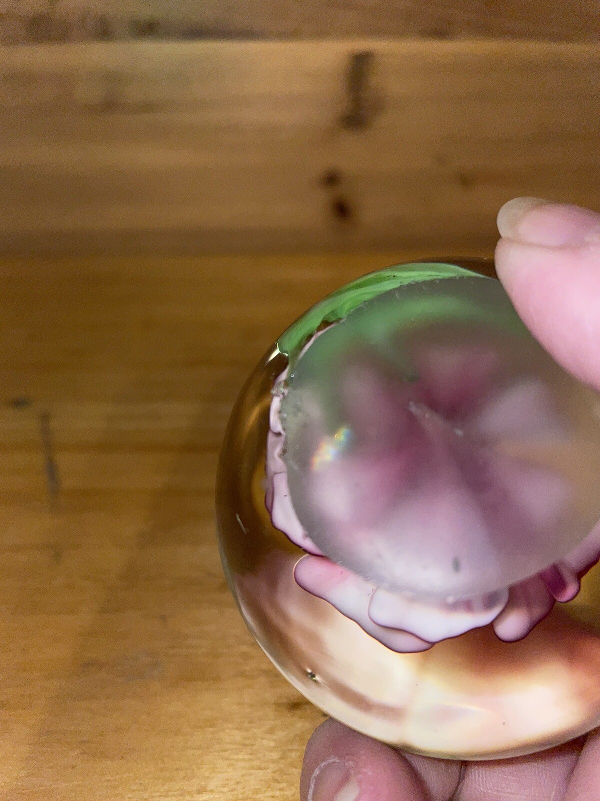 Studio Art Glass Flower Paperweight Orb Sphere Pink Floating Polished Base 2.5”