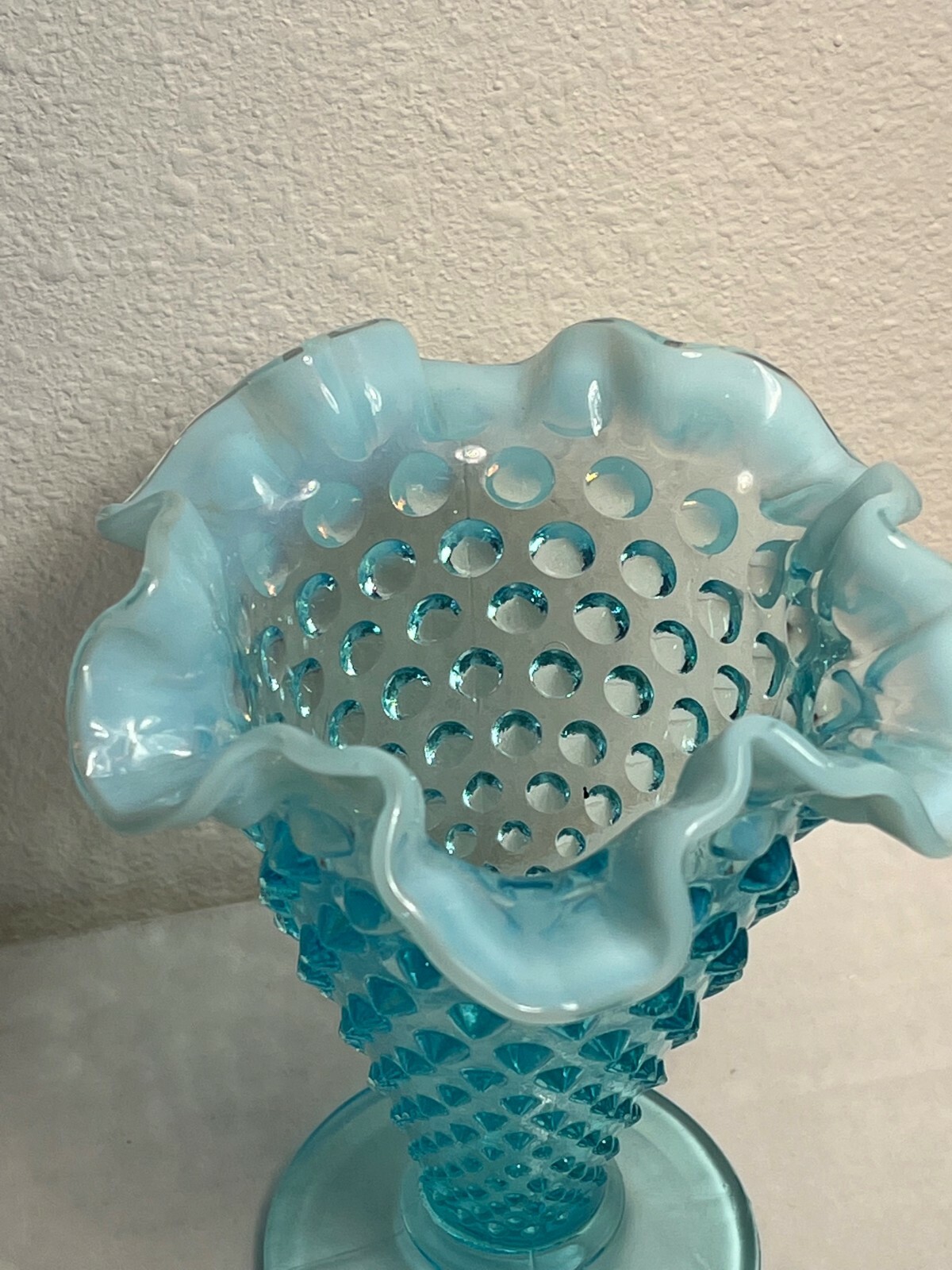 Vintage Blue Opalescent Glass Hobnail 6 7/8 in Trumpet Vase Double Crimp OG 30