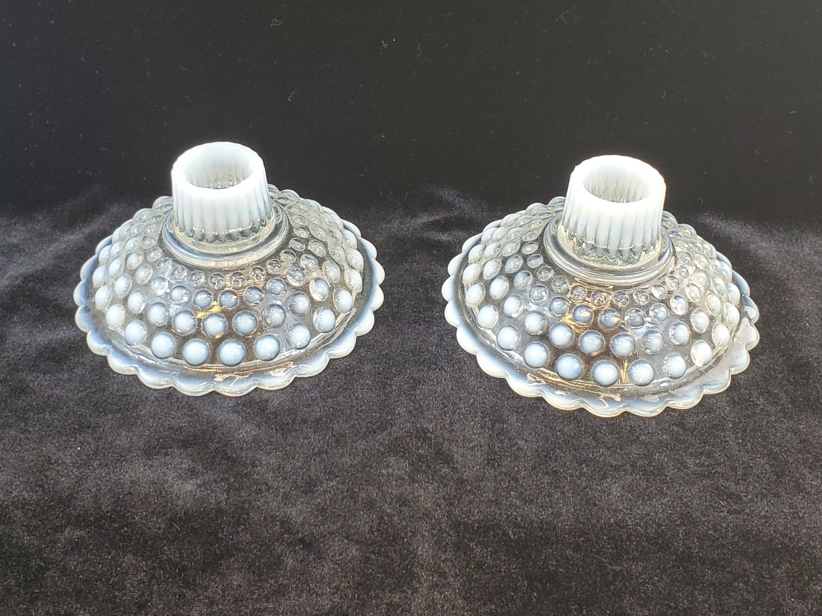 Vintage Anchor Hocking Set Of White Opalescent Hobnail Moonstone Candle Holders
