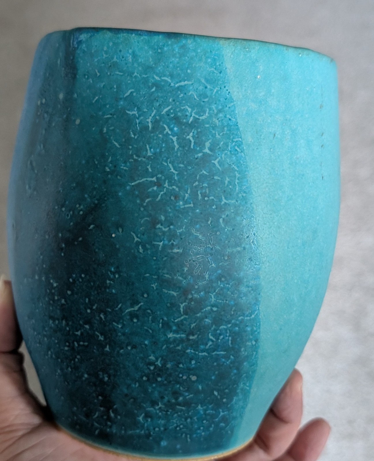Studio pottery vase turquoise gradient textured matte glaze hand thrown signed