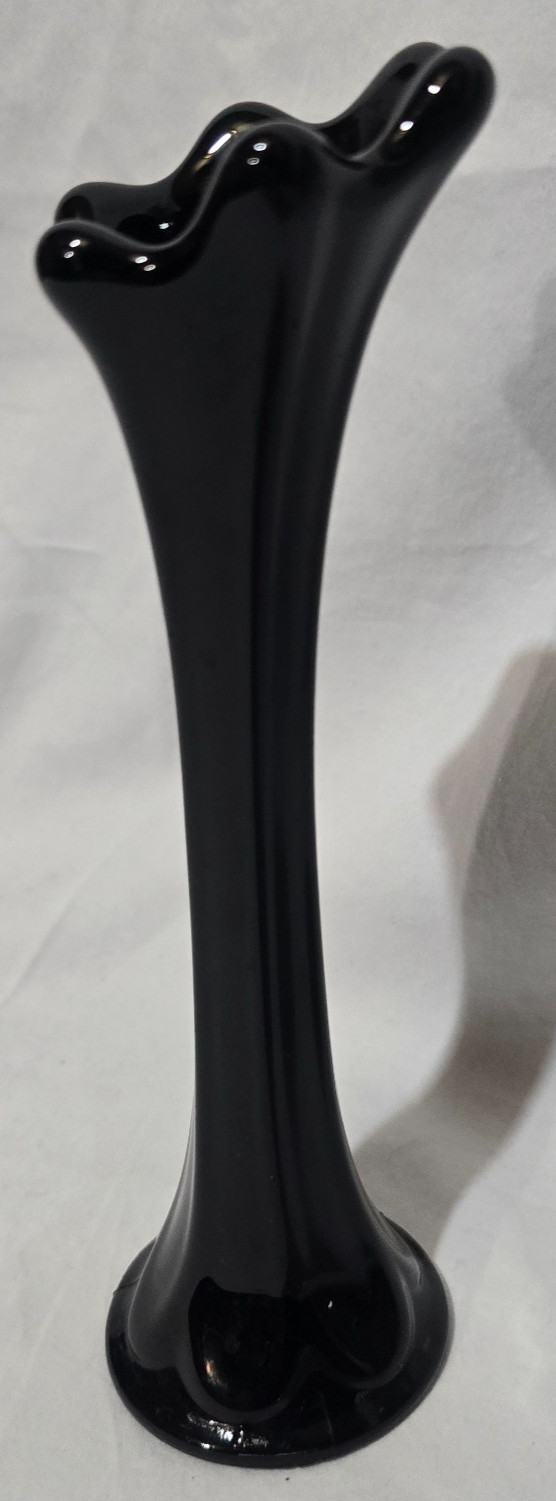 Vintage Black Amethyst Glass Swung Bud Vase – 2 1/2″ x 8 1/2″ H